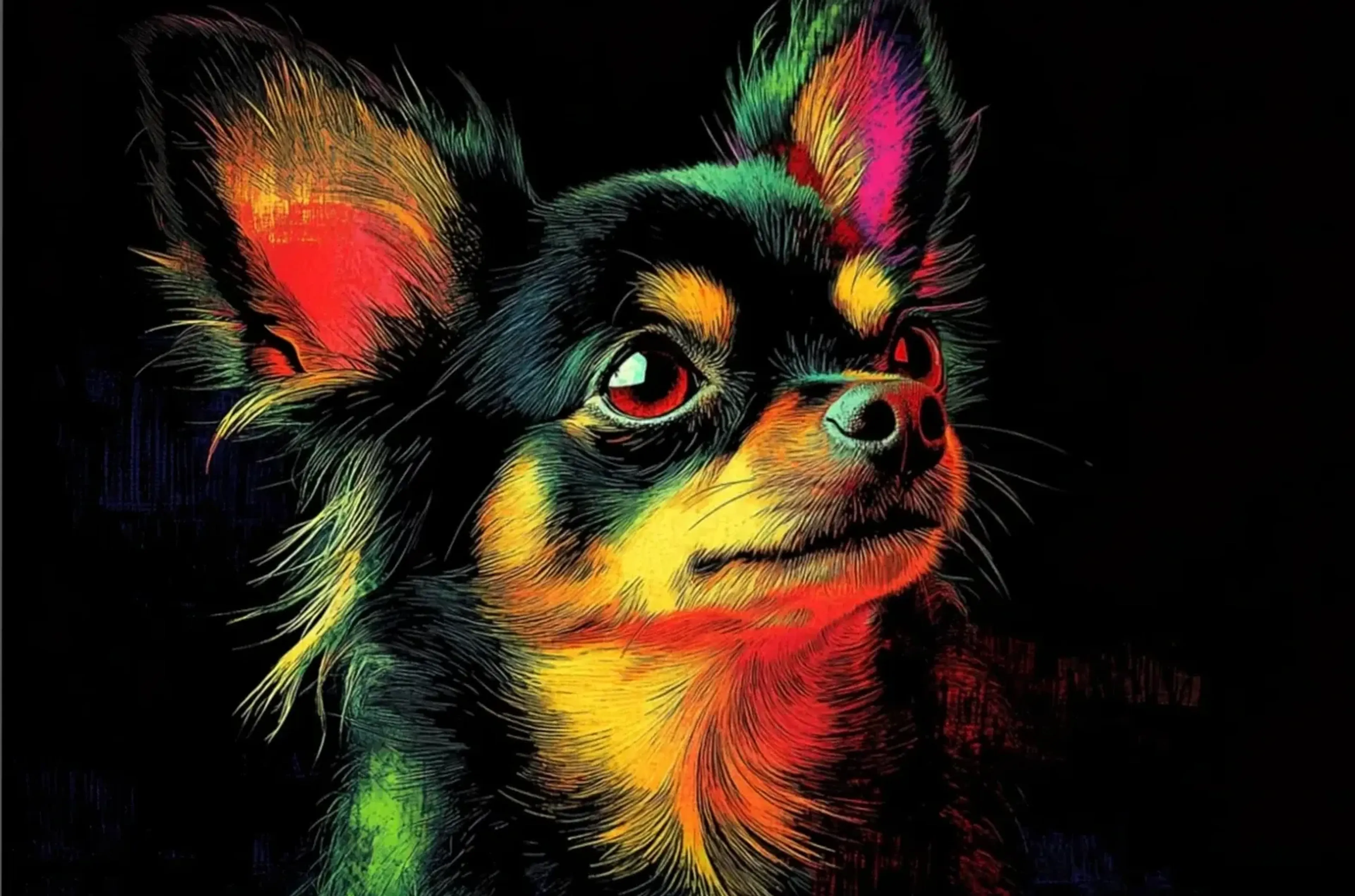 Langhaariger Chihuahua blickt nach rechts oben, mit gelben, roten, grünen und pinkfarbenen Akzenten im dunklen Fell.