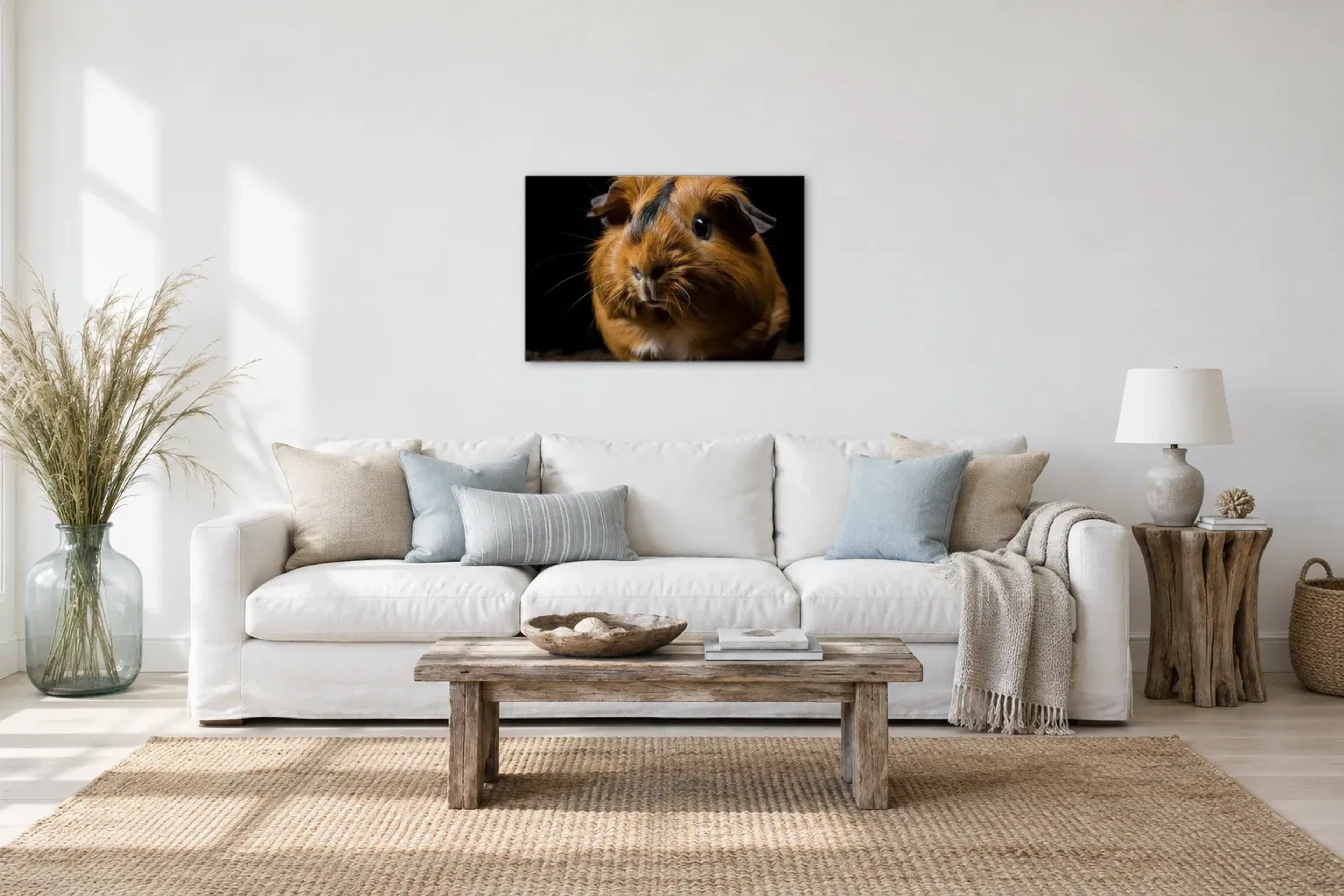 Meerschweinchen im Licht als Wandbild über einem 220-cm-Sofa