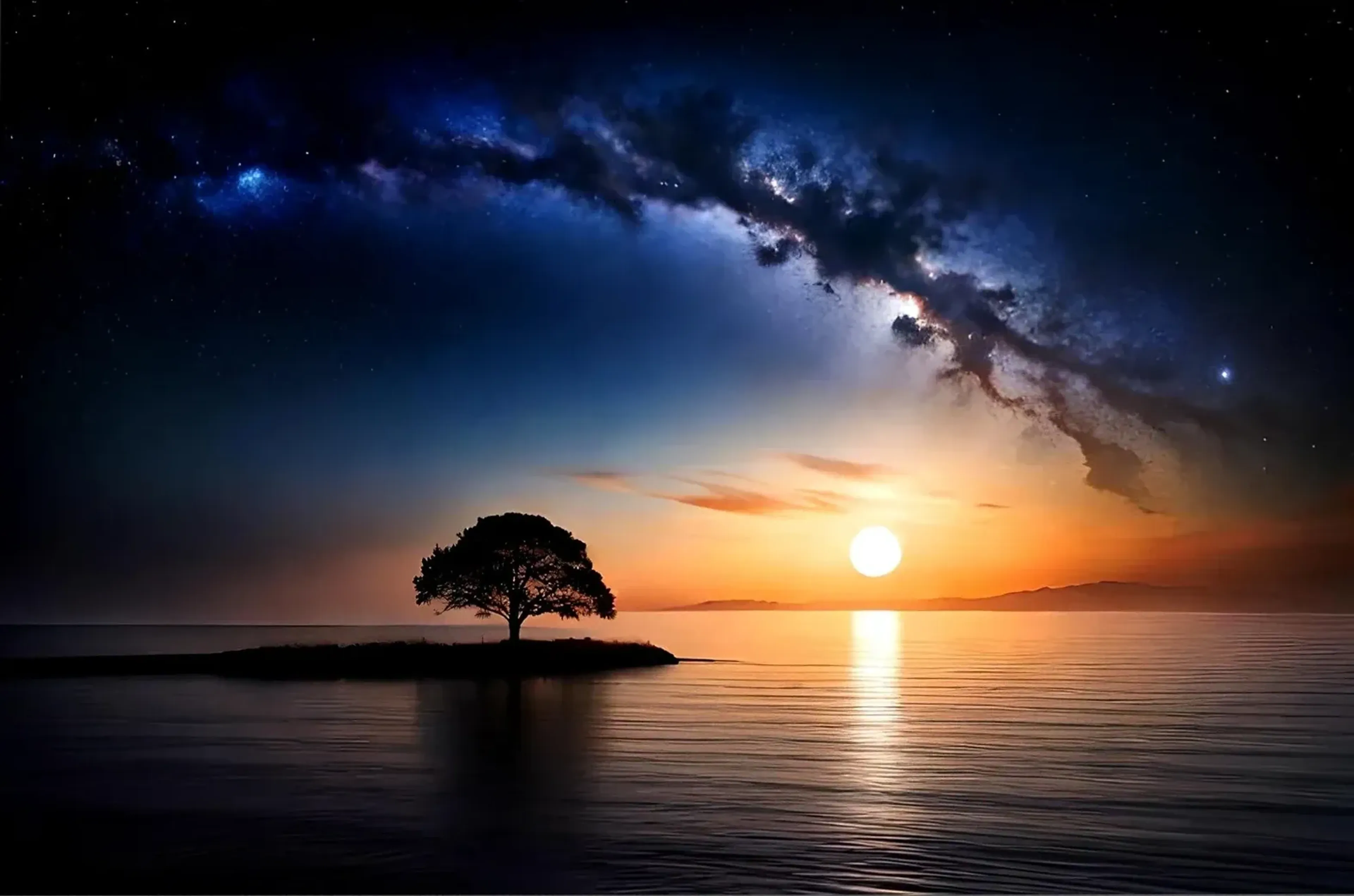 Ein Baum steht auf einer Landzunge im See unter einem Sternenband; die tief stehende Sonne spiegelt sich im Wasser.