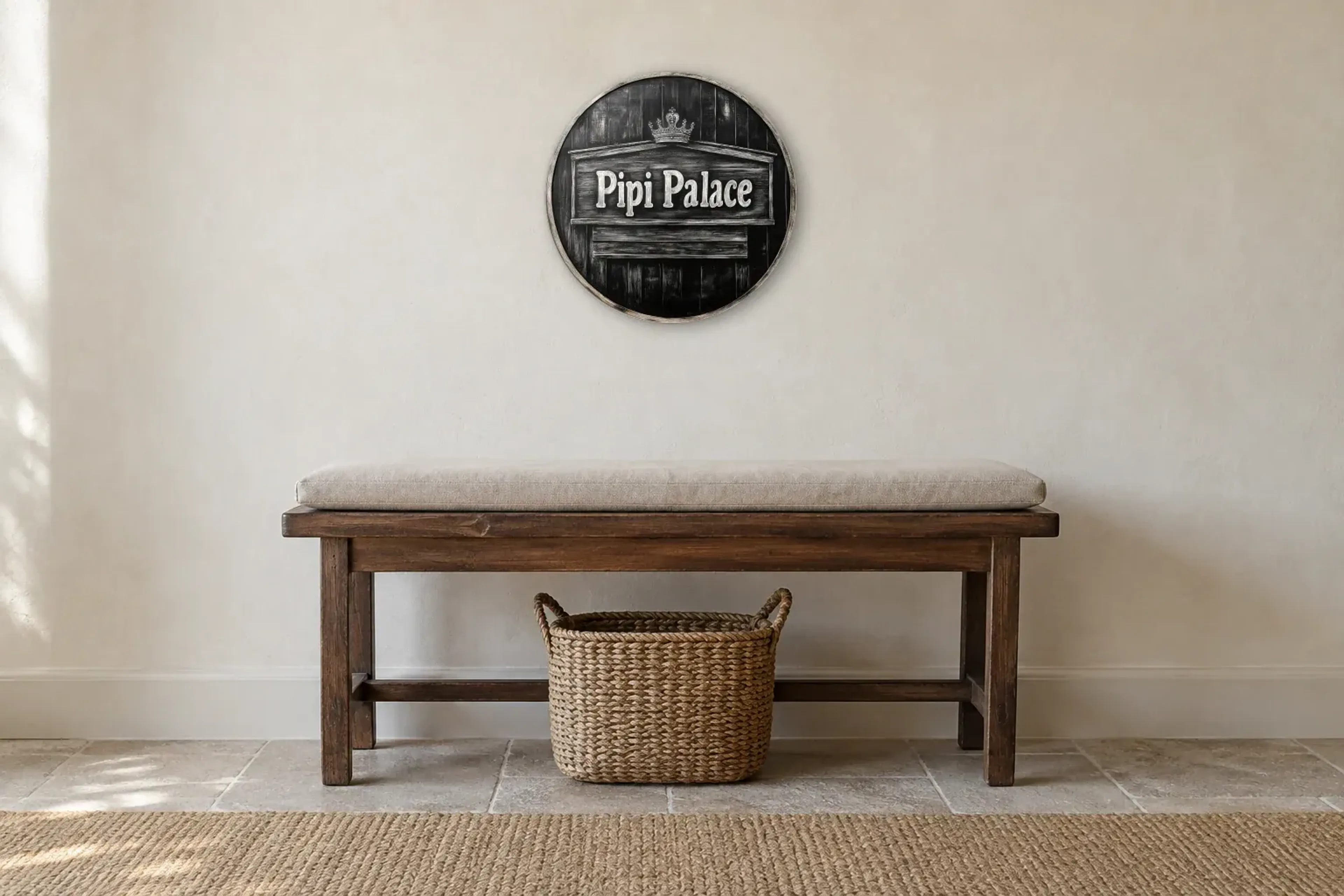 Pipi Palace als Wandbild über einer 100-cm-Sitzbank