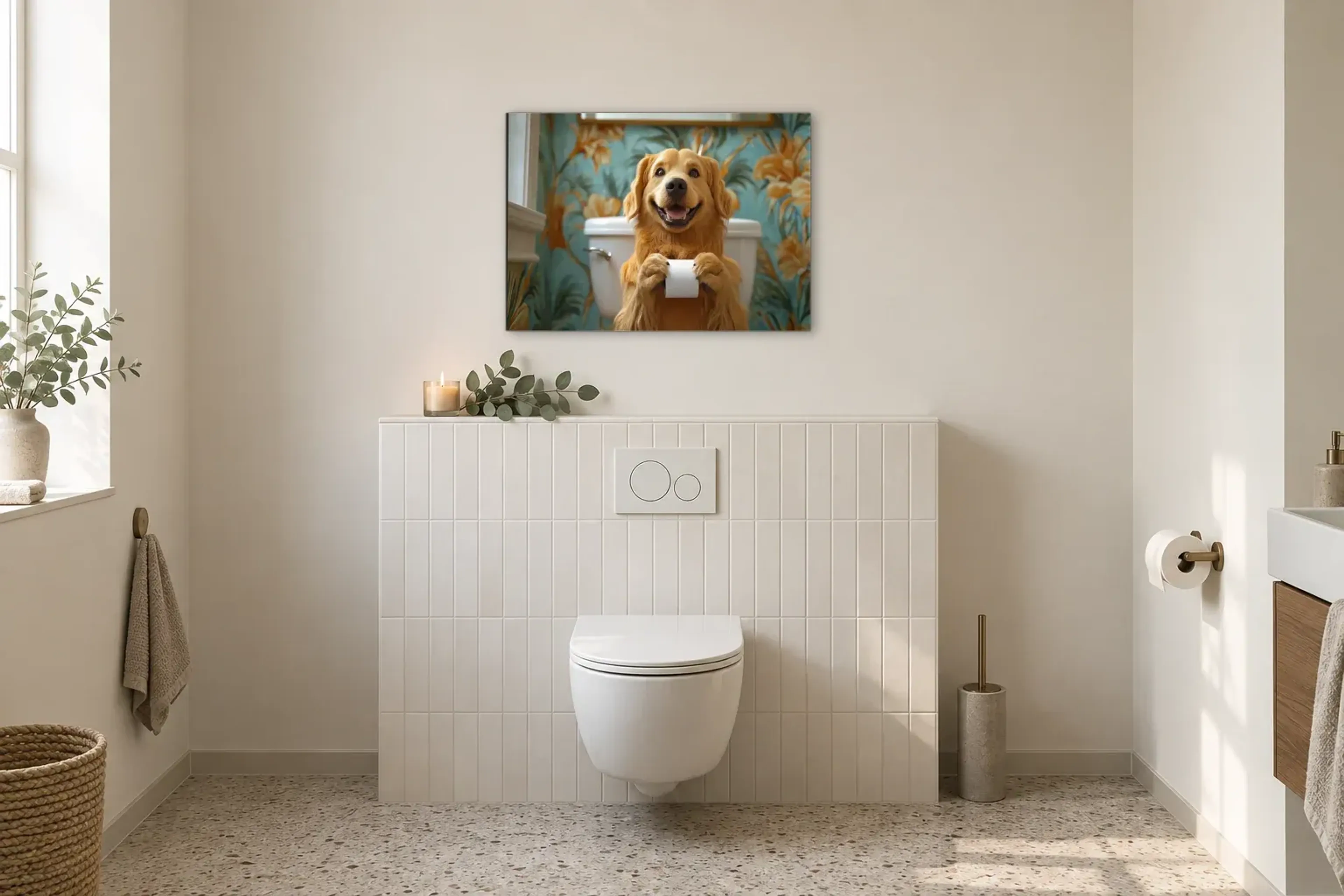 Retriever vor Blütentapete als Wandbild im Gäste-WC