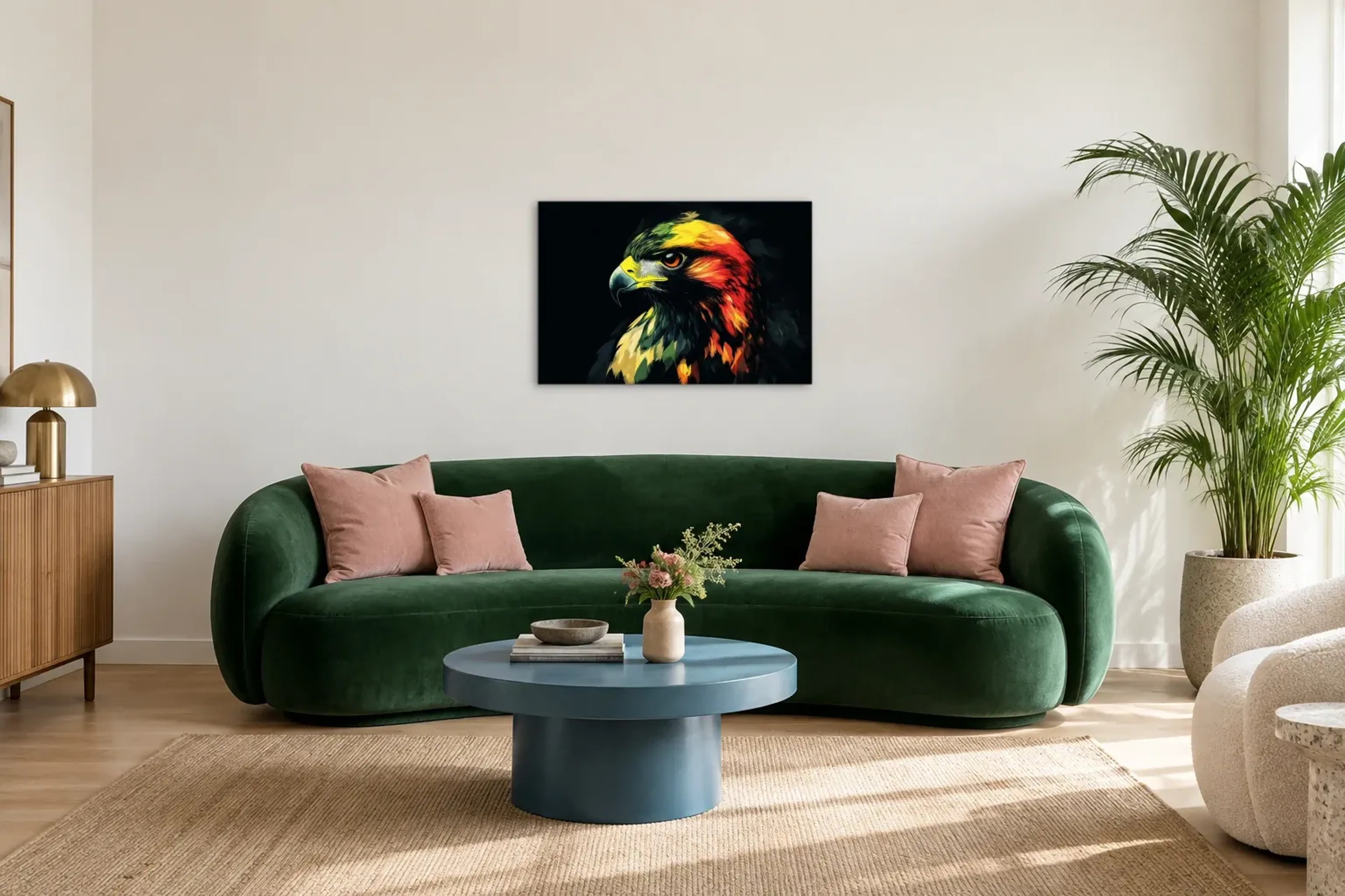 Falke in Flammenfarben als Wandbild über einem 220-cm-Sofa