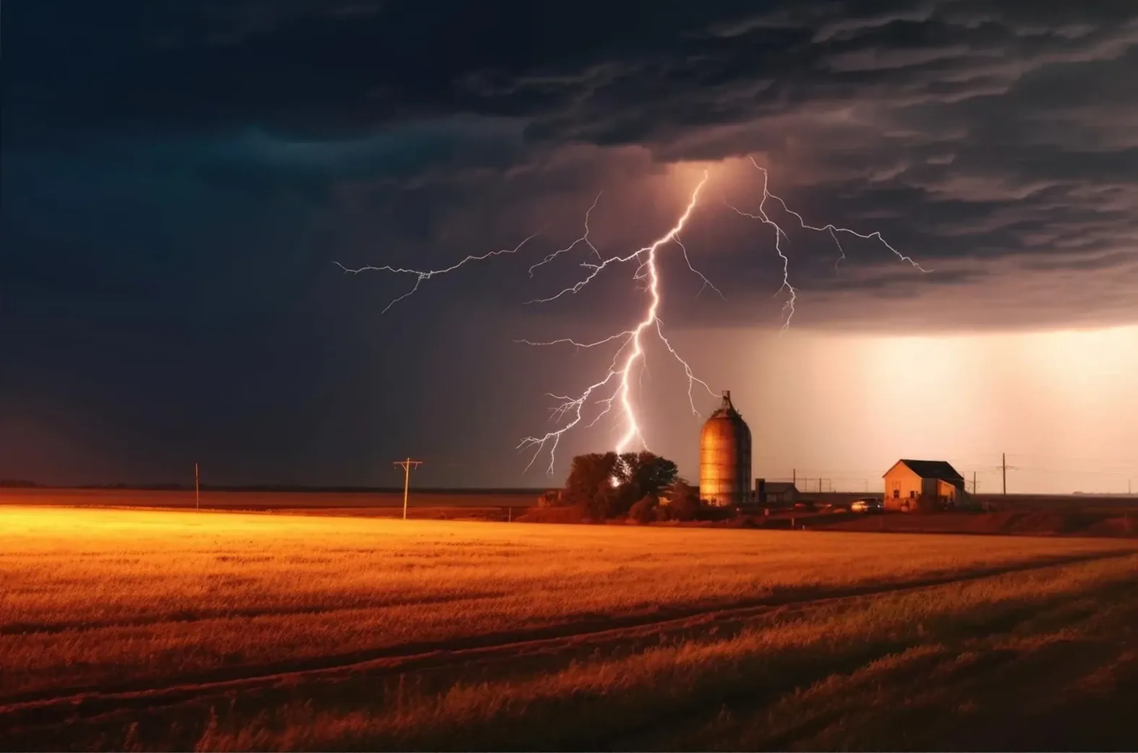 Ein heller Blitz verzweigt sich über einem goldenen Feld mit Silo und kleinem Gebäude unter dunklen Gewitterwolken.