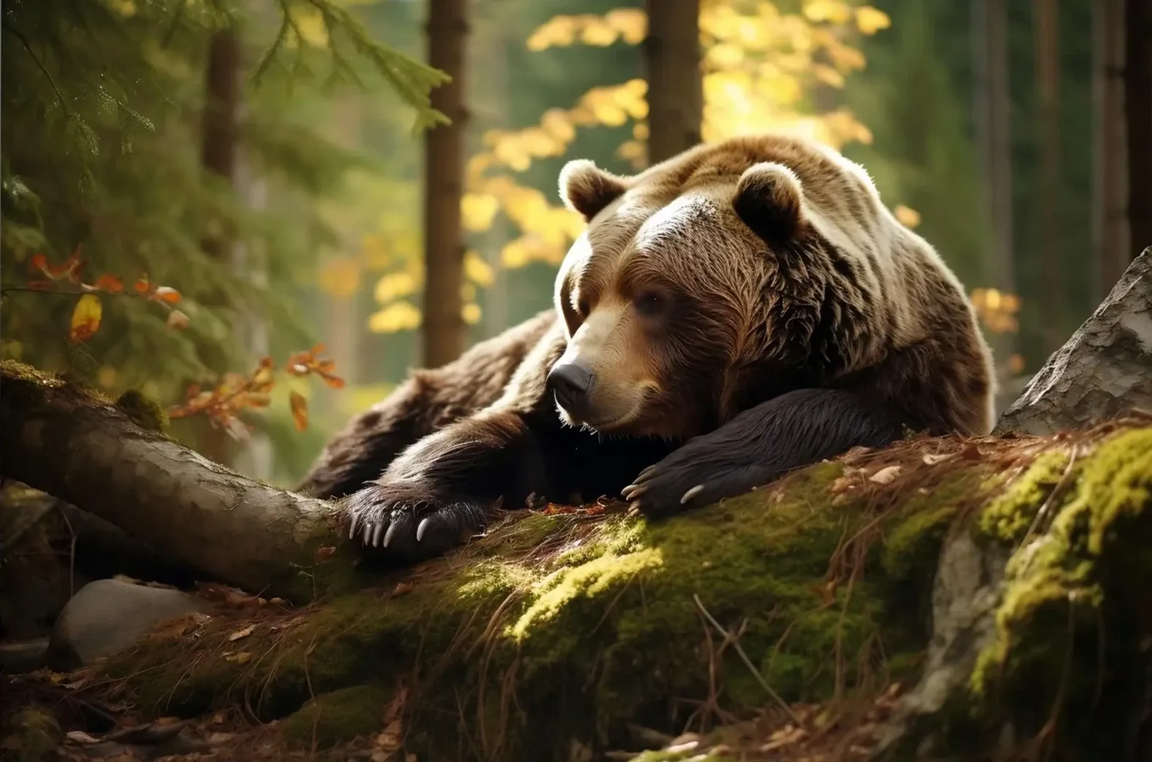 Ruhender Braunbär auf einem moosigen Waldhang im warmen Licht zwischen Bäumen und gelben Blättern.