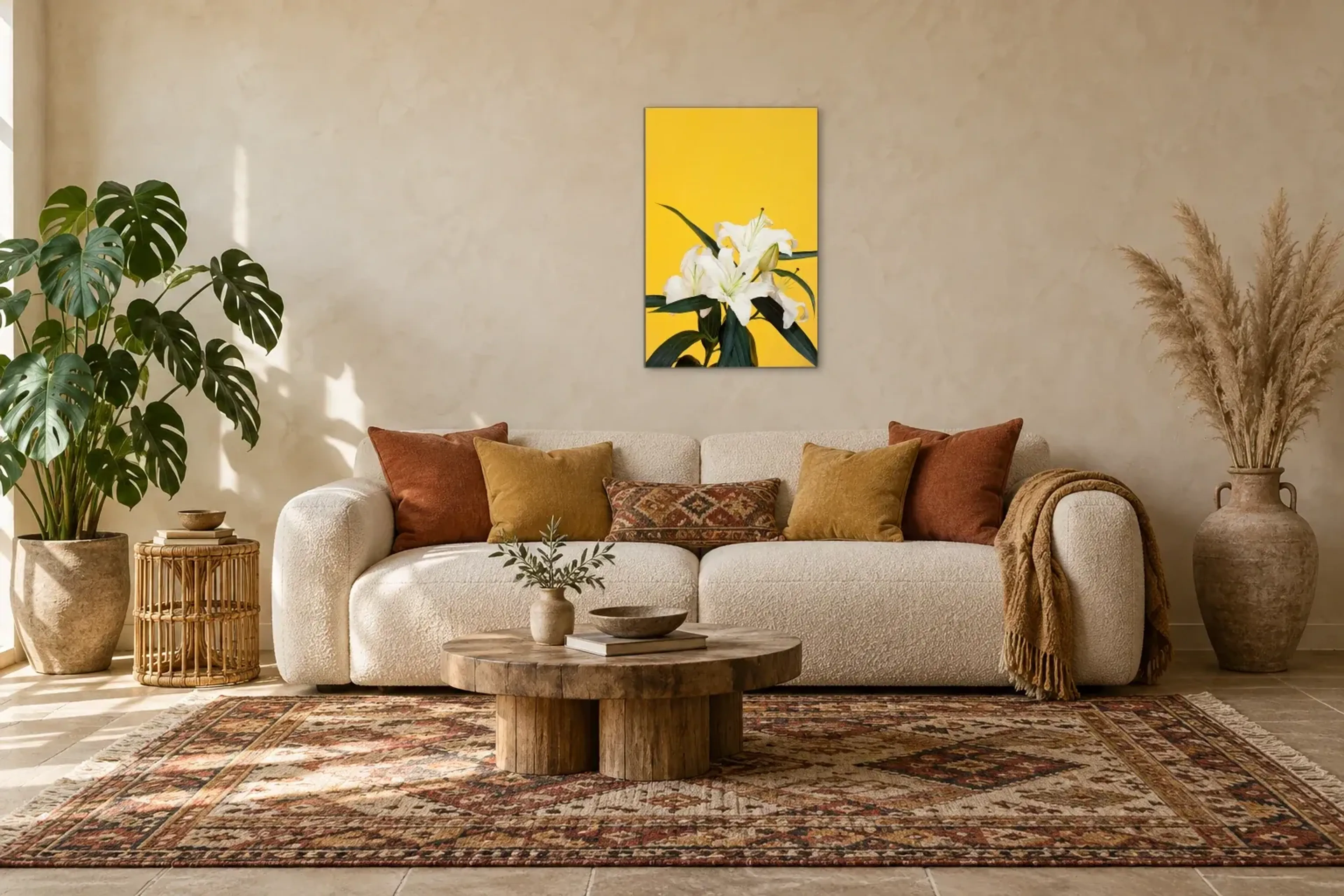 Weiße Lilien auf Gelb als Wandbild über einem 220-cm-Sofa