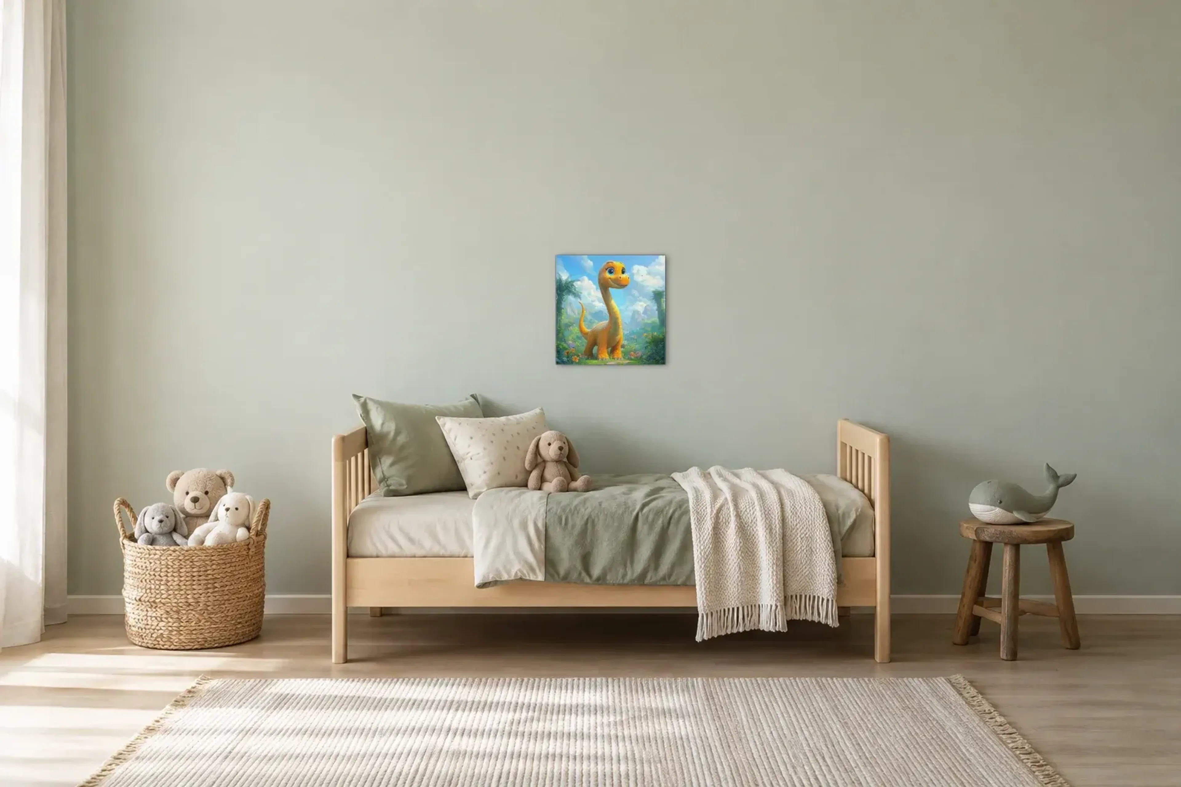 Goldgelber Langhals im Blumental als Wandbild über einem 200-cm-Kinderbett