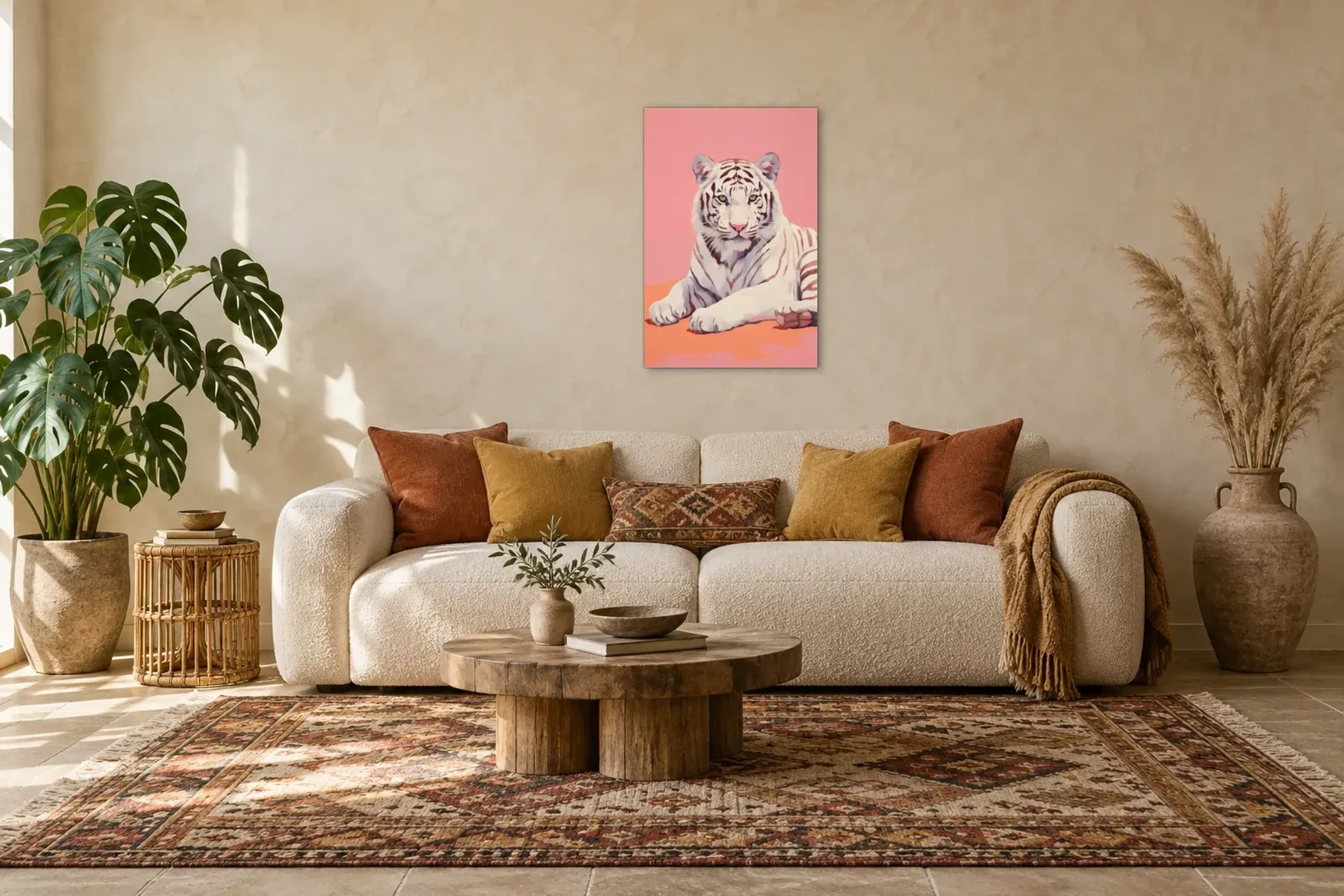 Weißer Tiger Pop Art als Wandbild über einem 220-cm-Sofa
