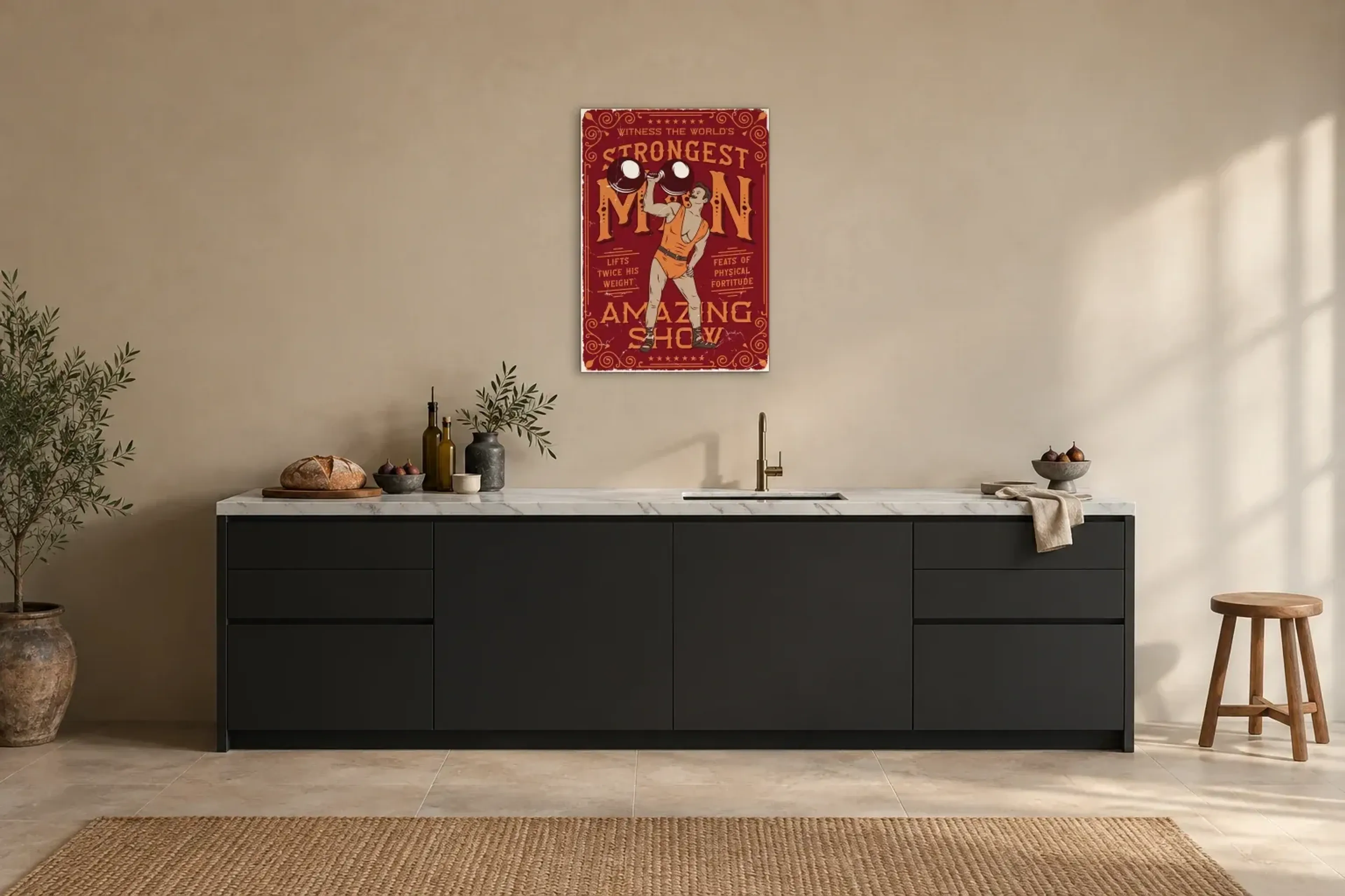 Strongest Man Show als Wandbild über einer 200-cm-Arbeitsplatte