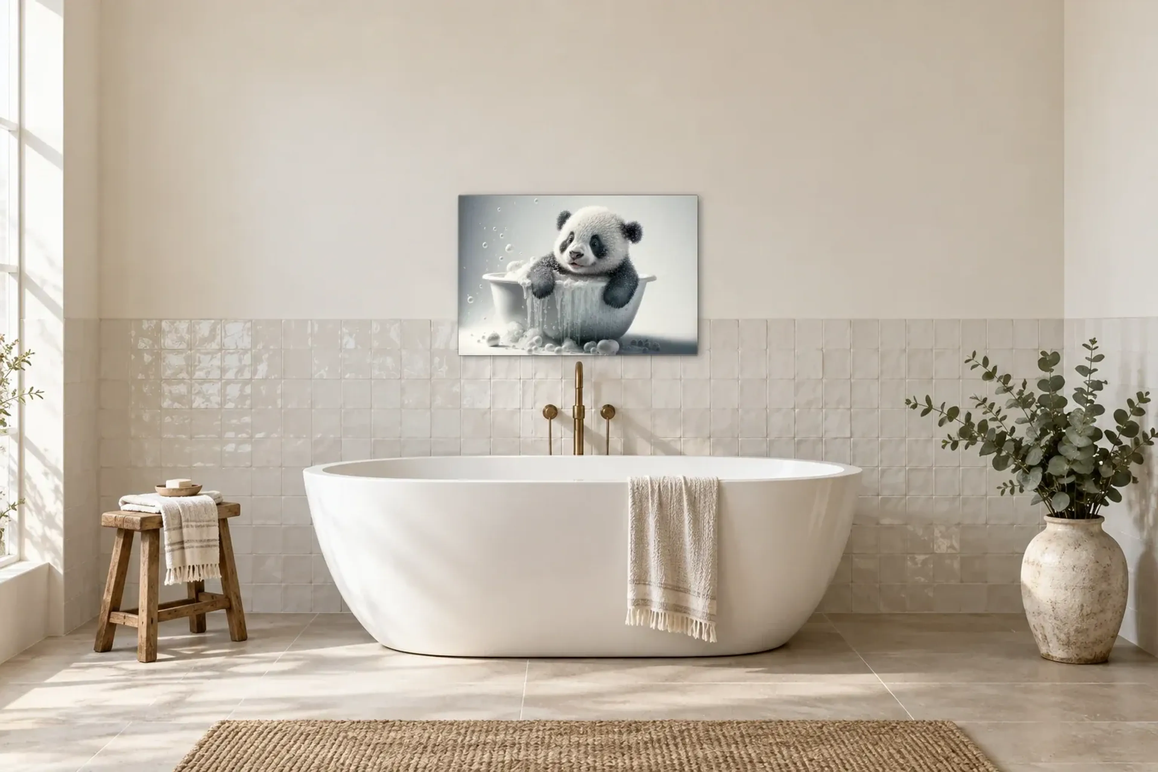 Panda zwischen Seifenblasen als Wandbild über einer 170-cm-Badewanne