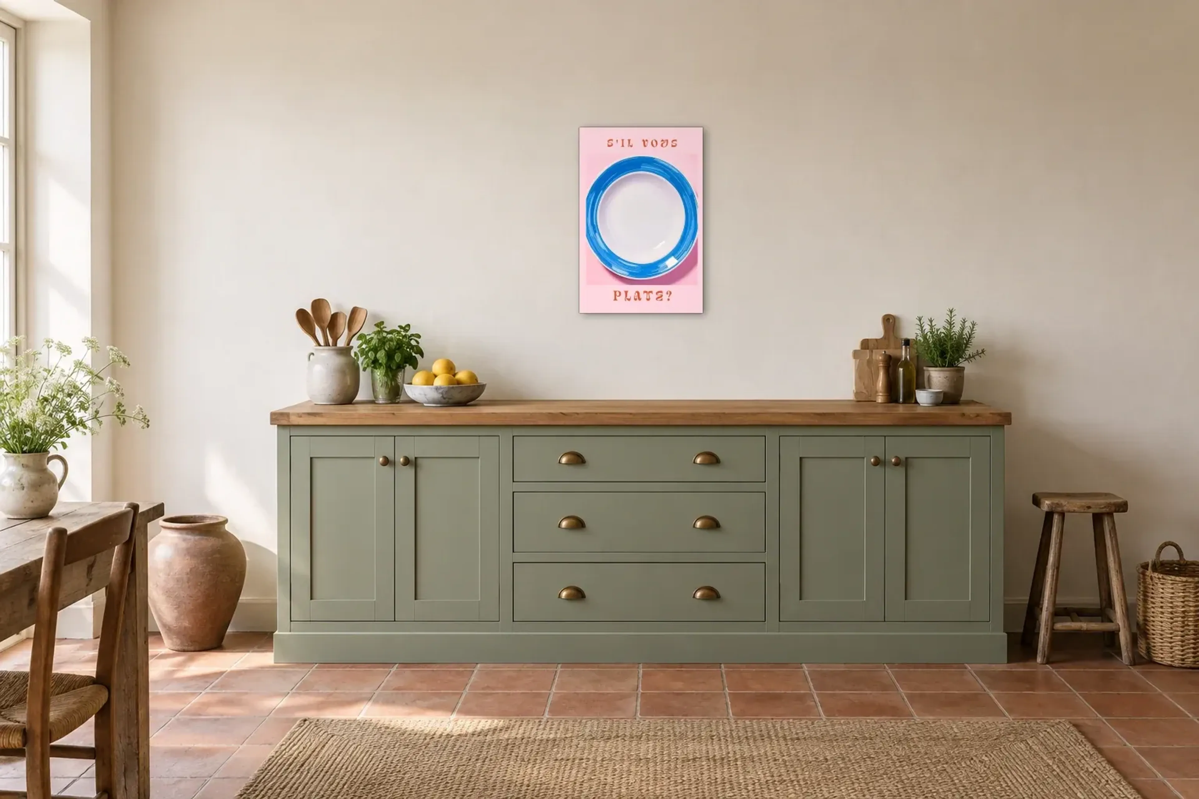 Blauer Teller auf Rosa als Wandbild über einer 200-cm-Arbeitsplatte