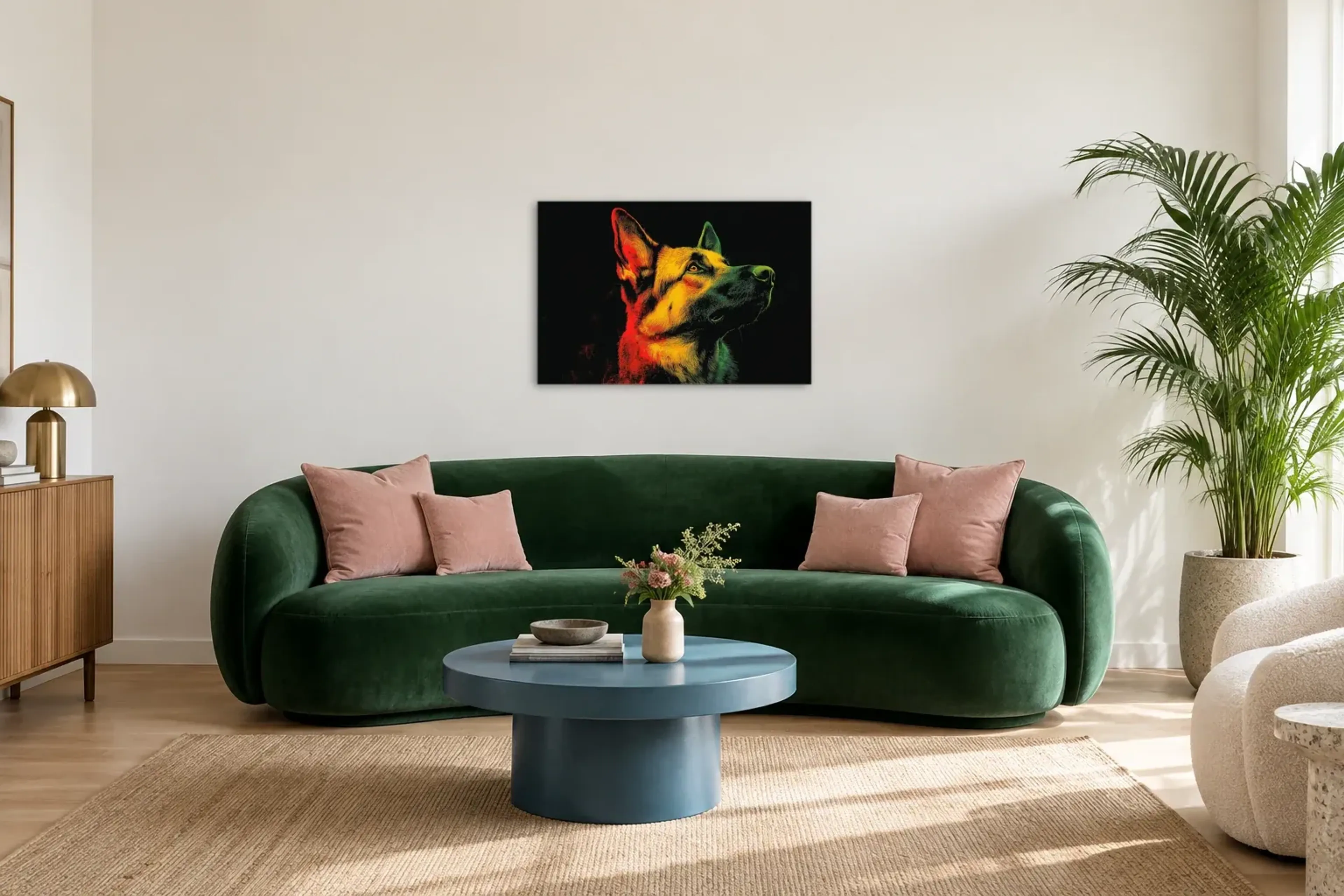 Schäferhund im Halbprofil als Wandbild über einem 220-cm-Sofa