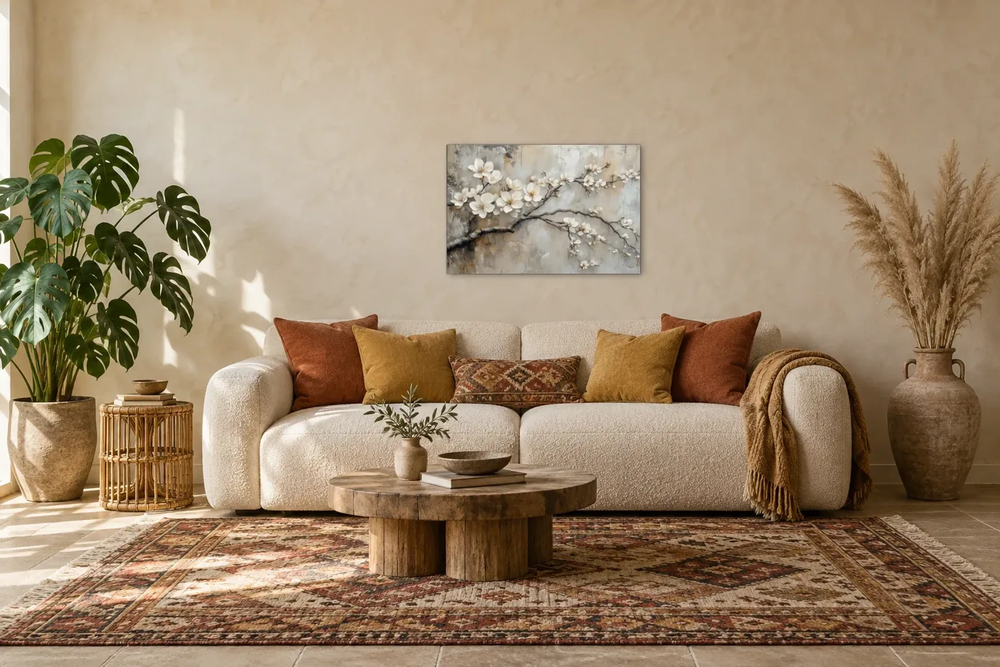 Mandelzweig als Wandbild über einem 220-cm-Sofa