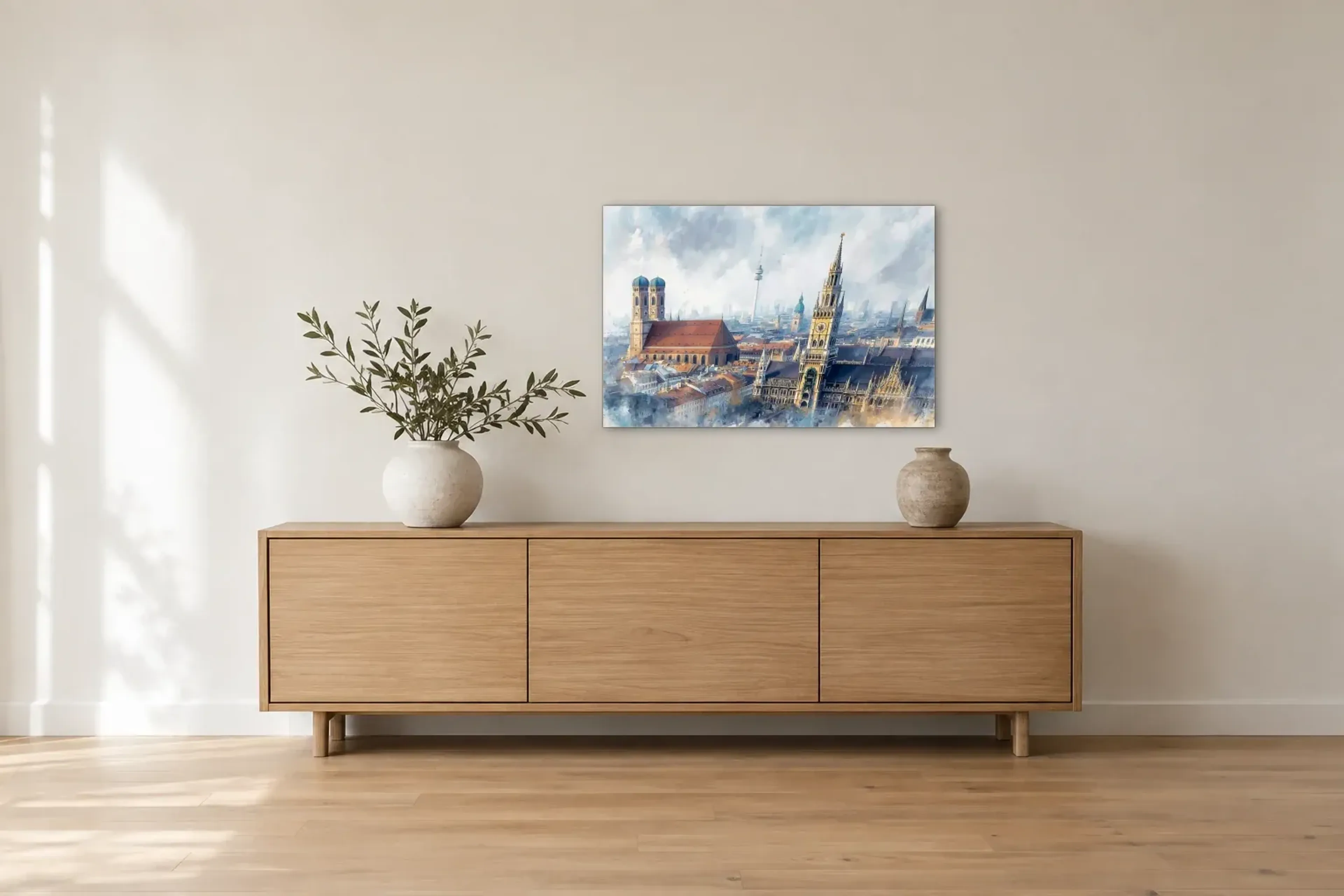 München in sanftem Blau als Wandbild über einem 180-cm-Sideboard