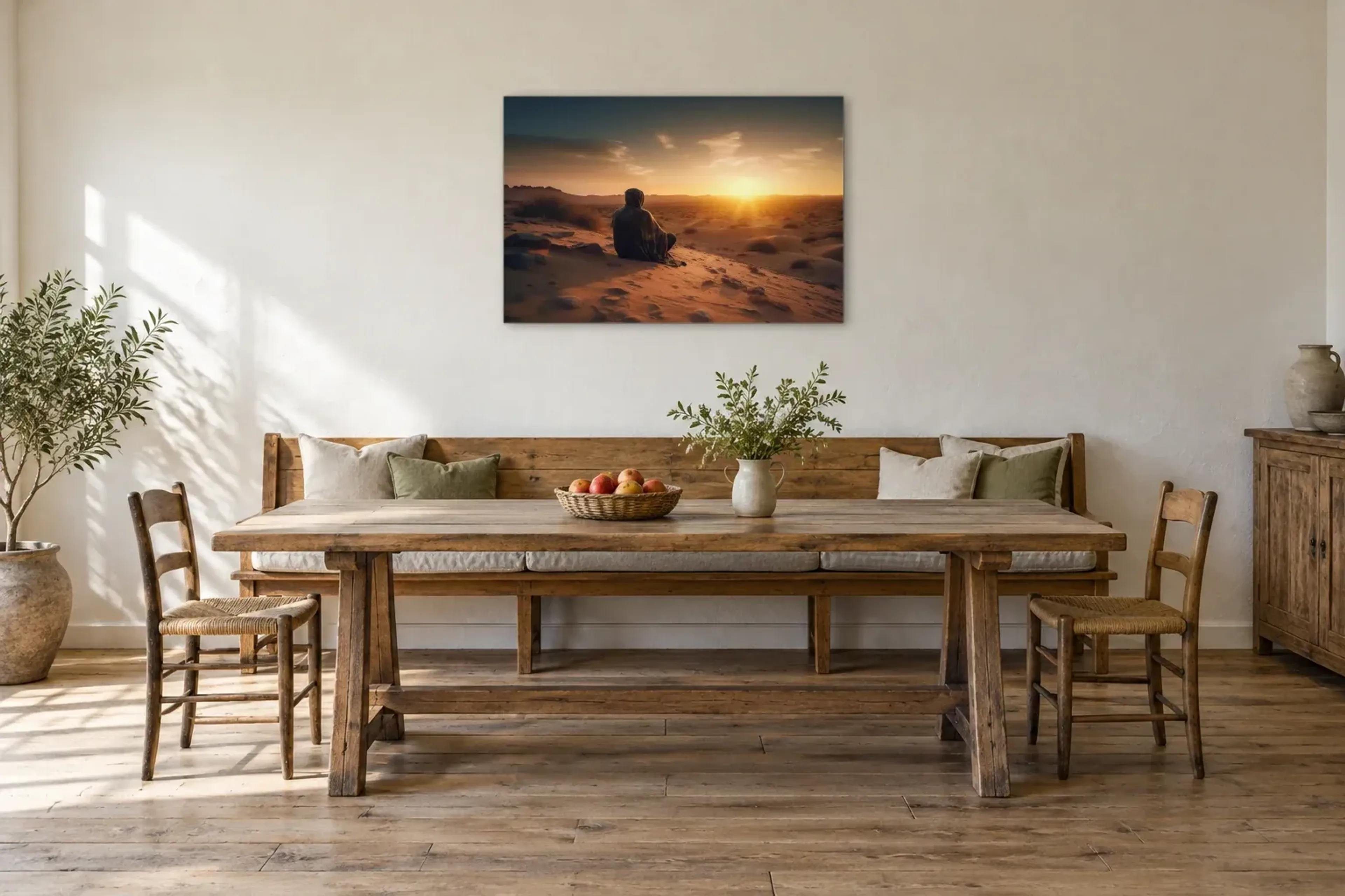 Stille in der Wüste als Wandbild über einer 200-cm-Sitzbank