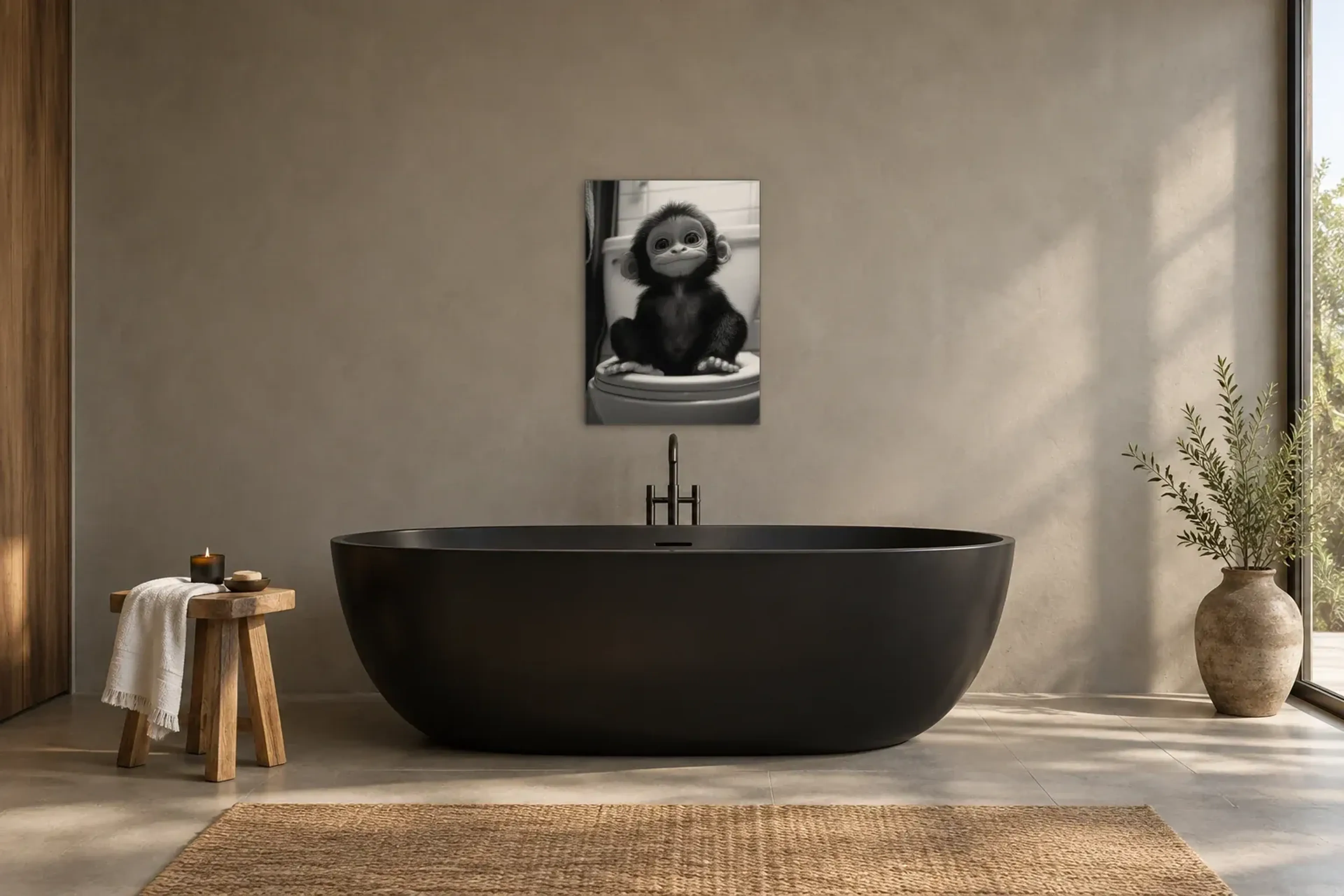 Affe auf Toilette als Wandbild über einer 170-cm-Badewanne