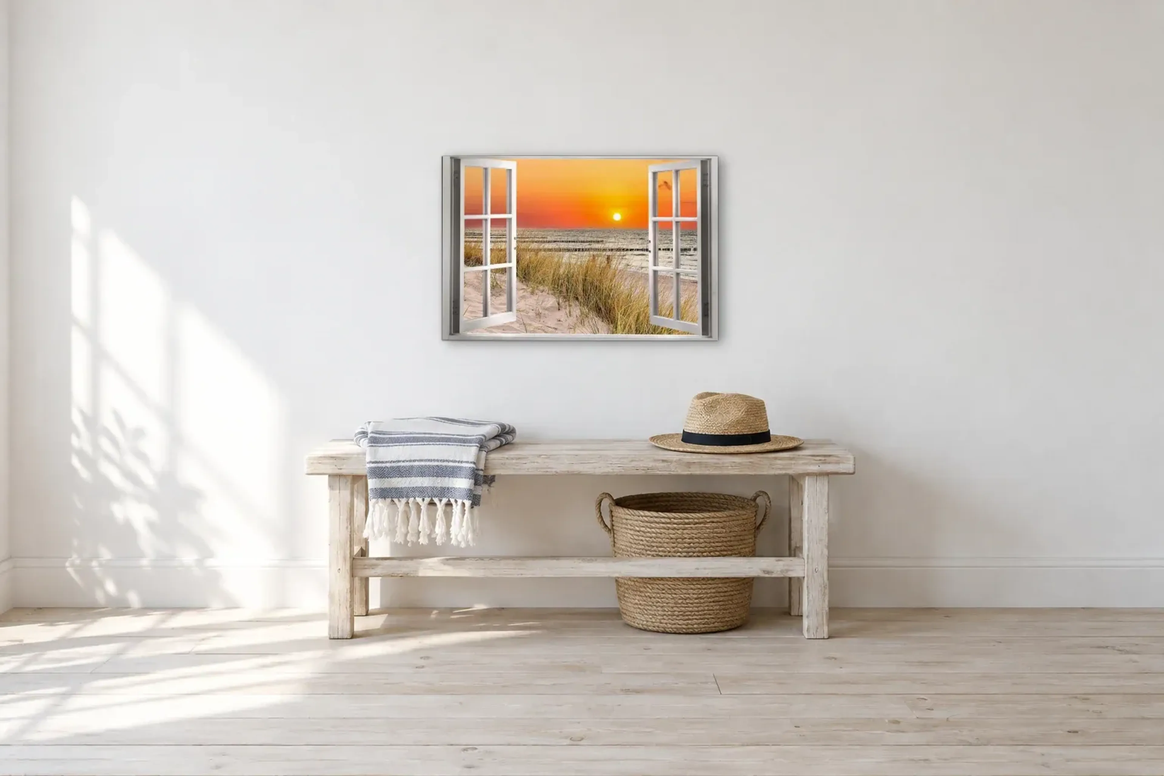 Abendsonne am Strand als Wandbild über einer 100-cm-Bank