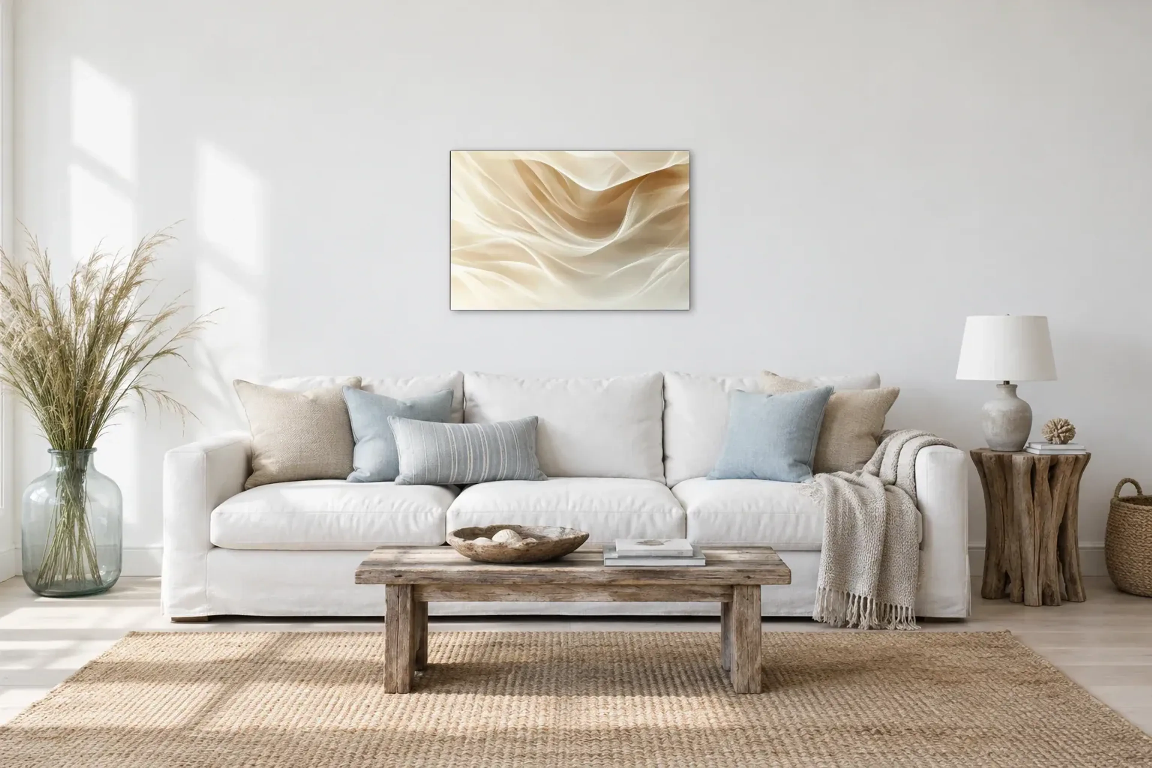 Sanfte Lichtwellen als Wandbild über einem 220-cm-Sofa