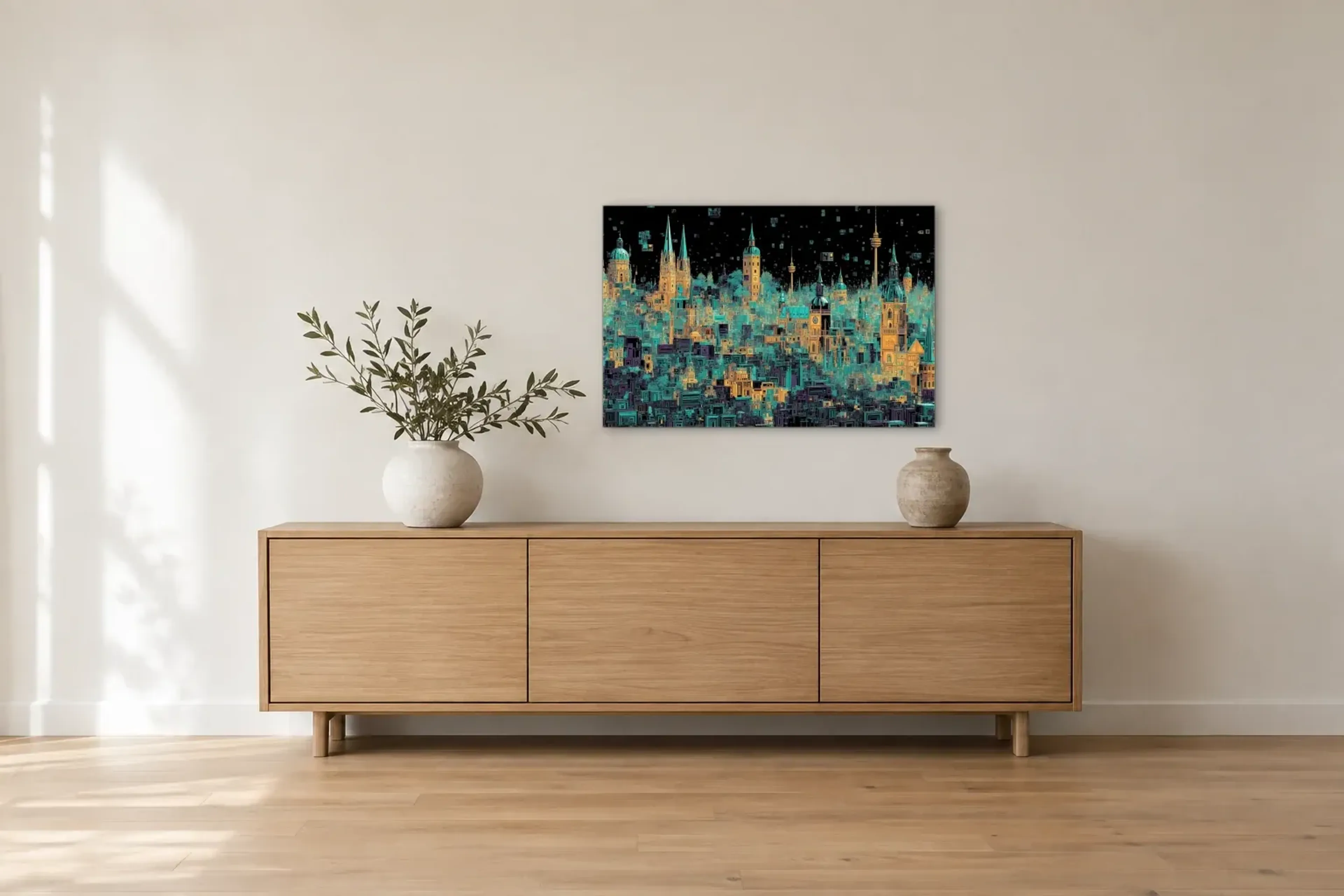 Türme im Häuserlabyrinth als Wandbild über einem 180-cm-Sideboard