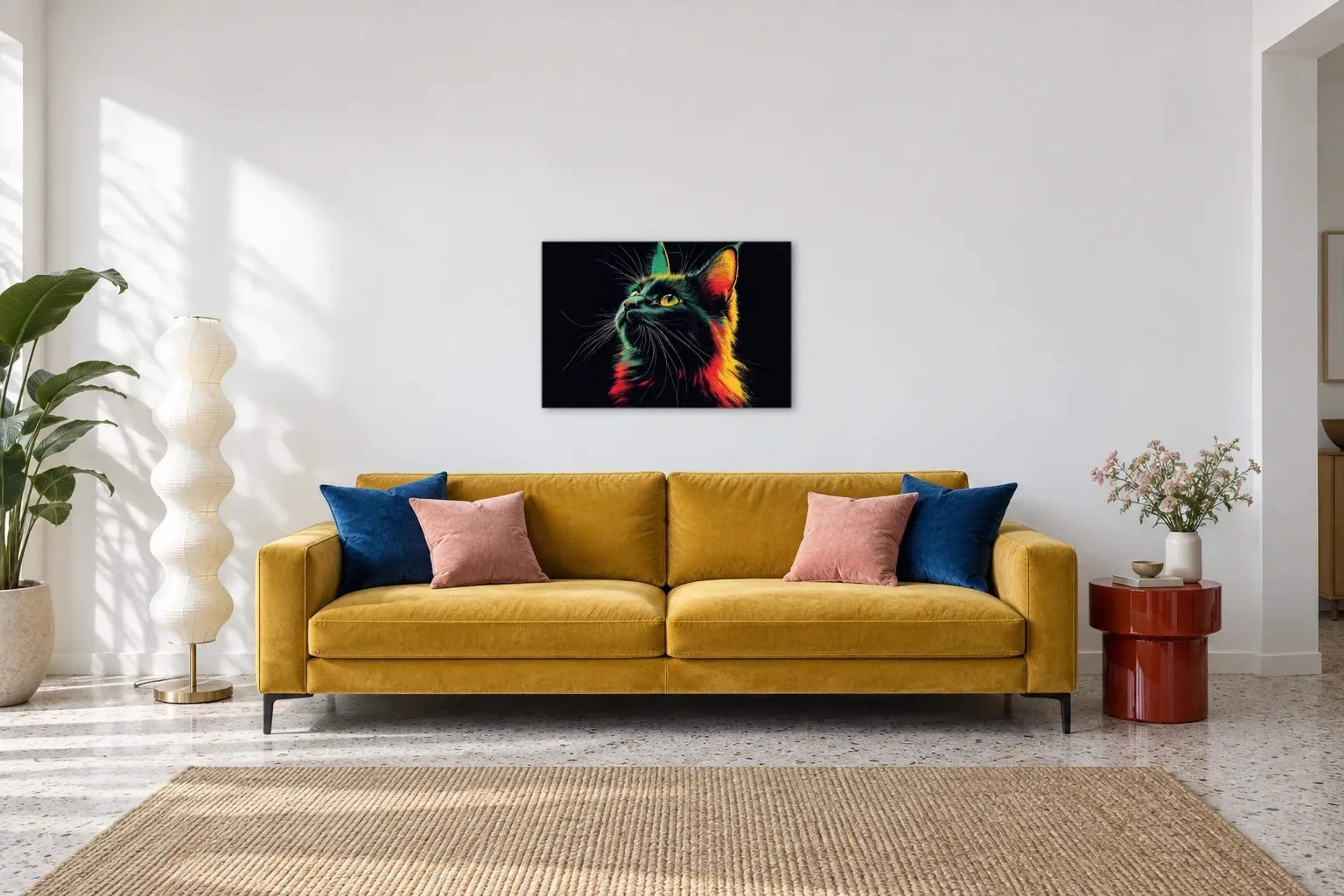 Katze mit Goldblick als Wandbild über einem 220-cm-Sofa