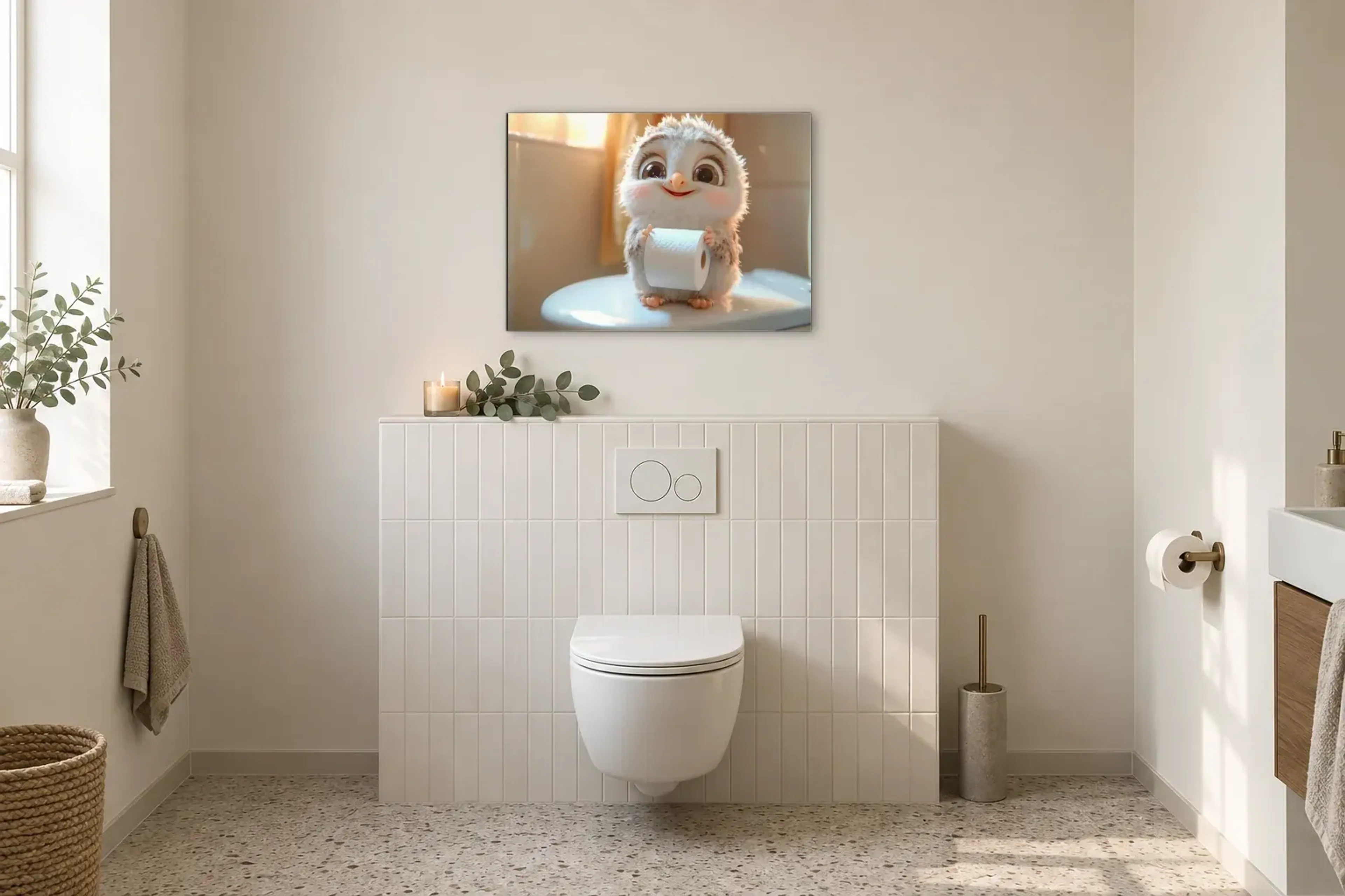 Eule mit Pausbäckchen als Wandbild im Gäste-WC