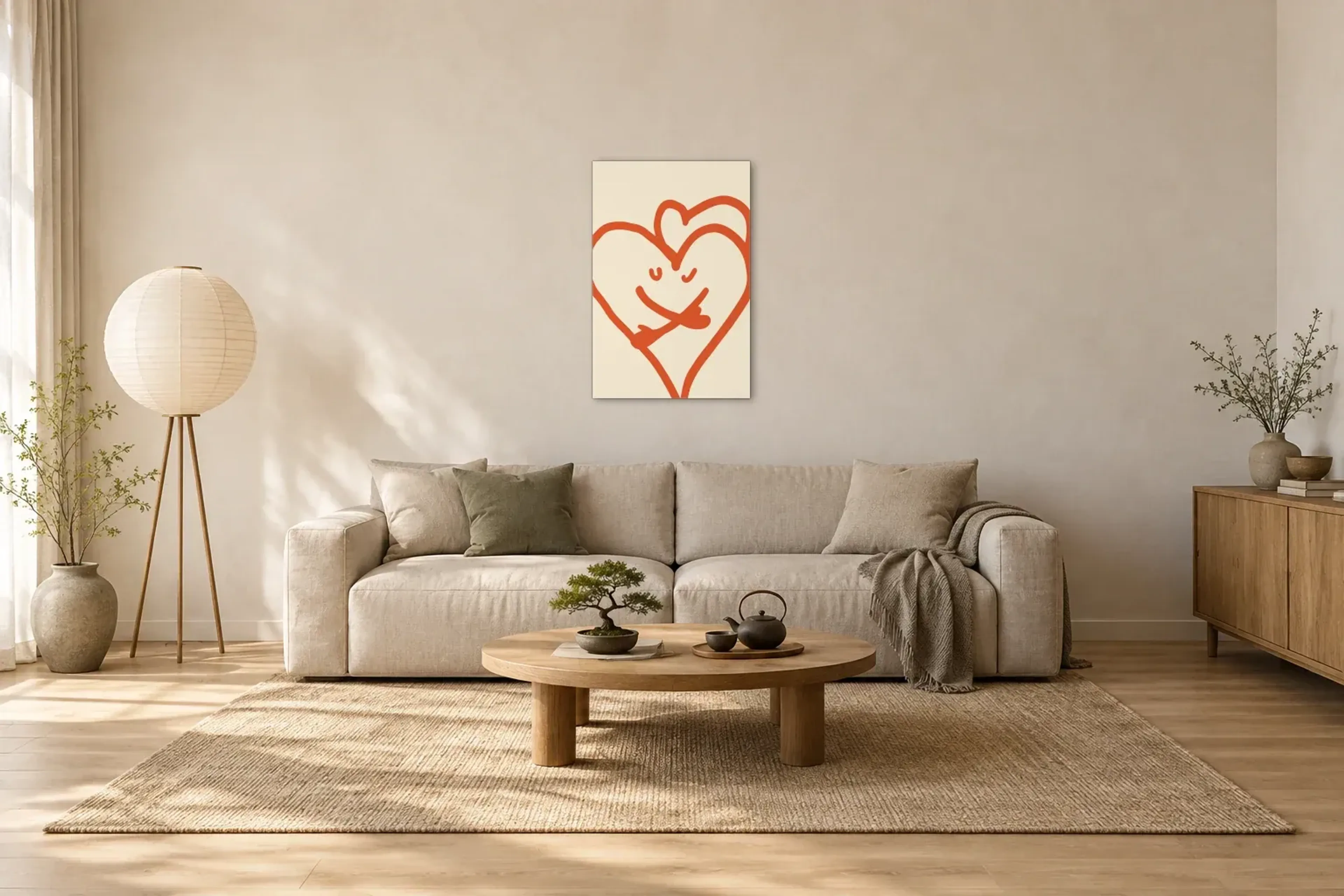 Herzen in Umarmung als Wandbild über einem 220-cm-Sofa