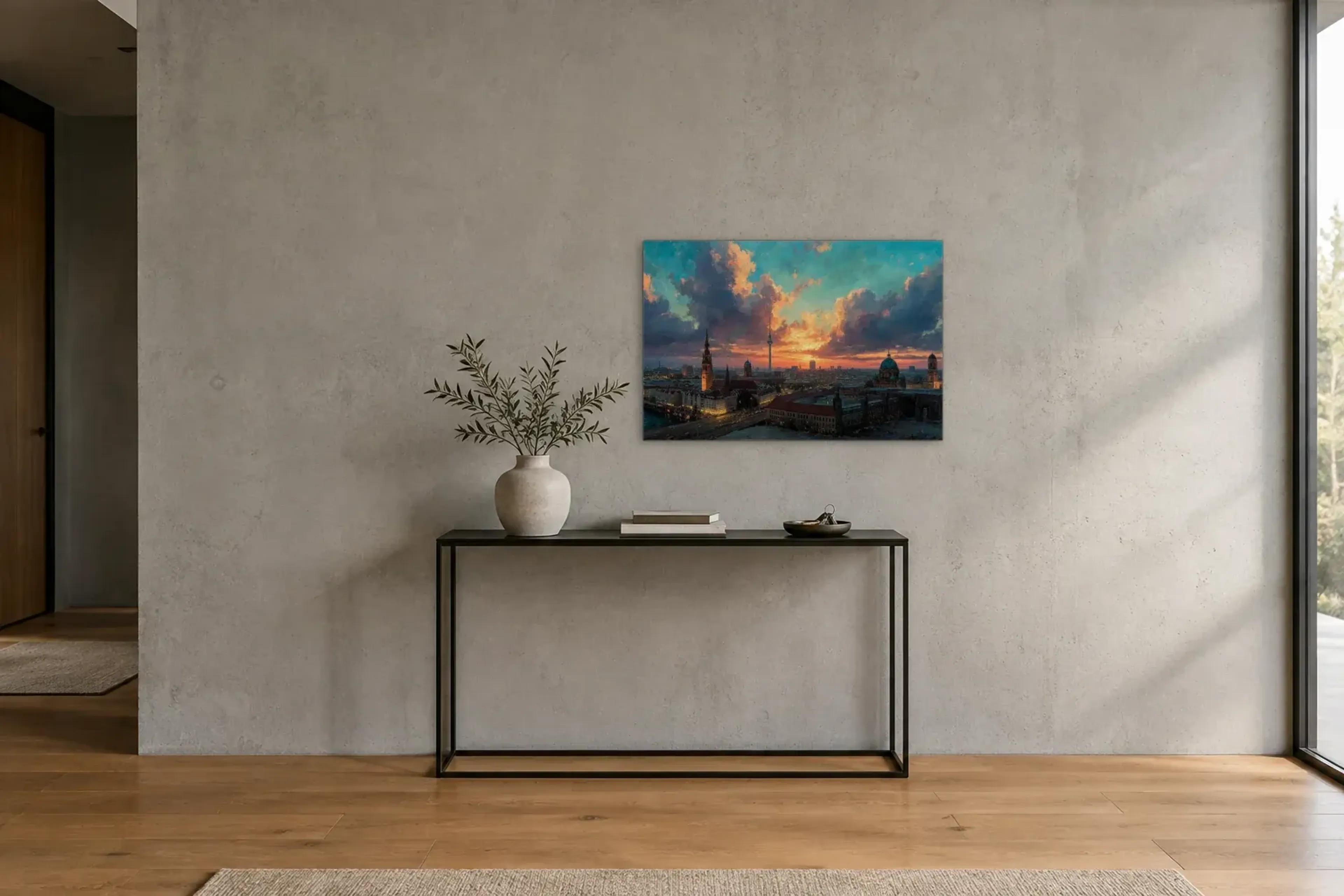 Berlin im goldenen Abendlicht als Wandbild über einer 120-cm-Konsole