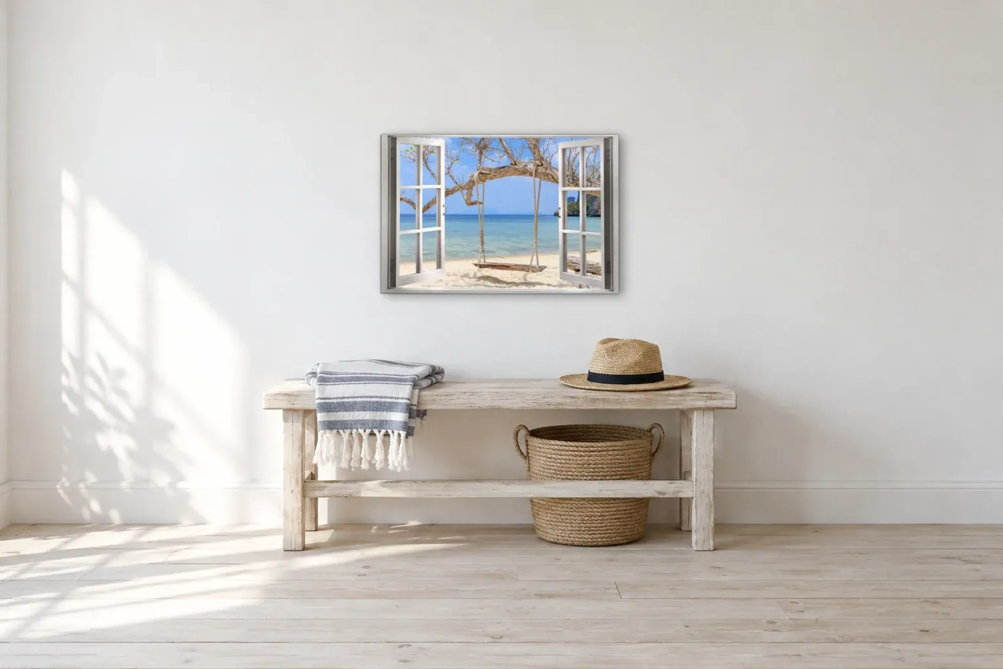 Schaukel am Meer als Wandbild über einer 100-cm-Bank