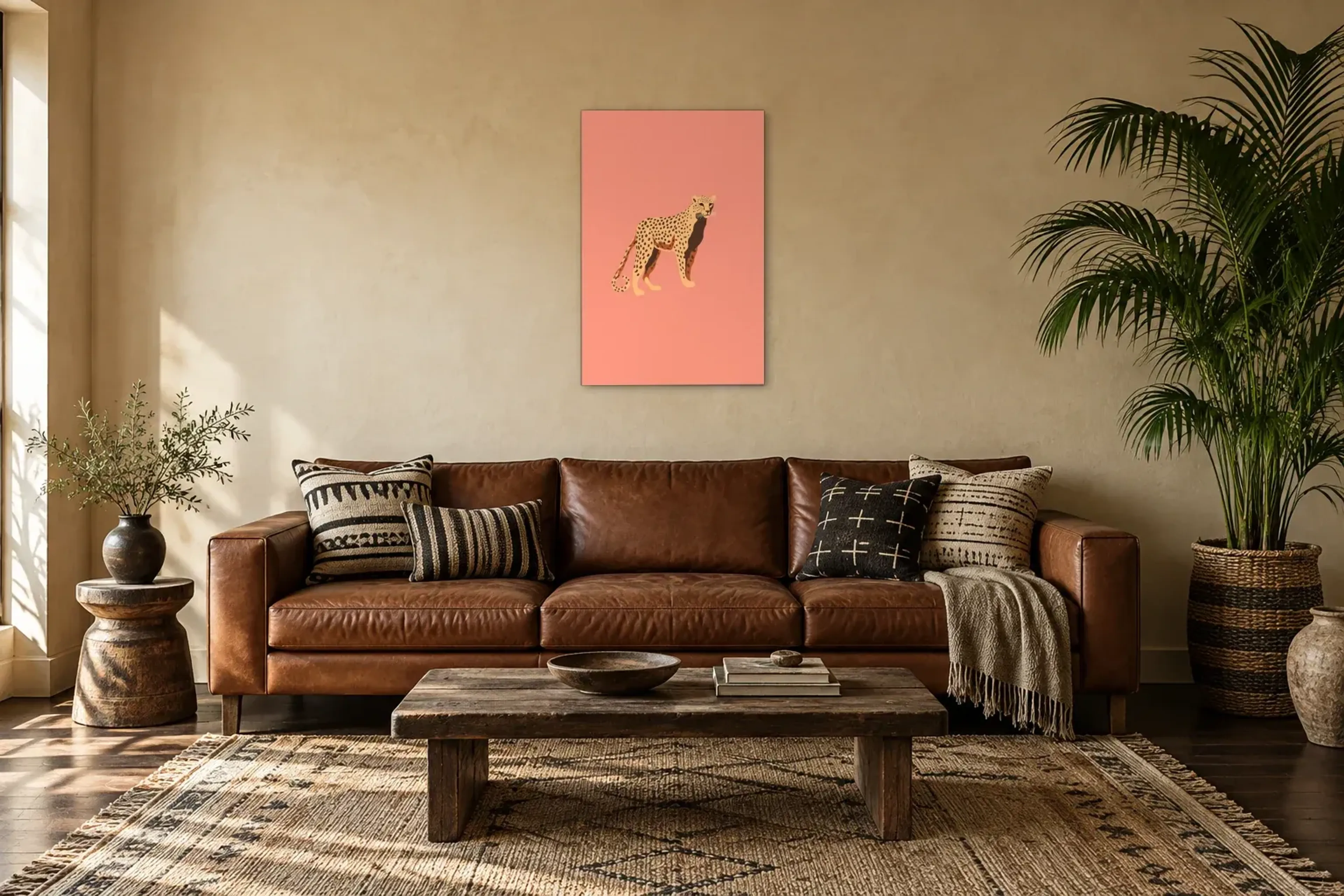 Gepard auf Rosa als Wandbild über einem 220-cm-Sofa