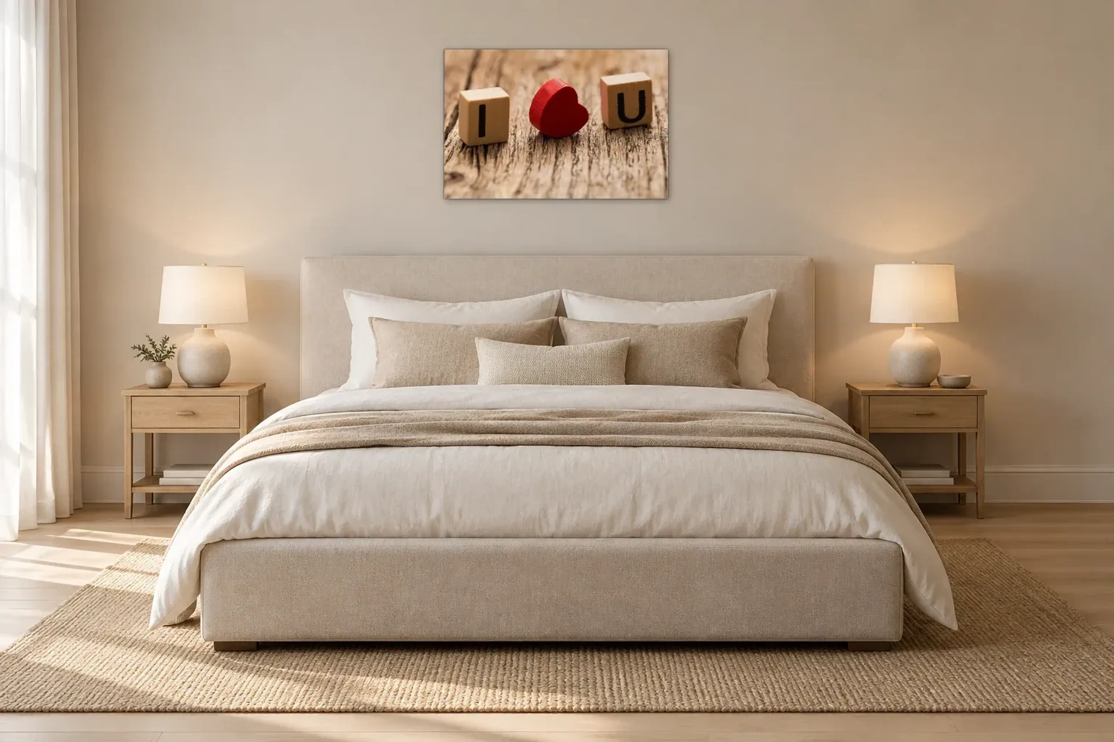 I Love You Herz als Wandbild über einem 180-cm-Bett