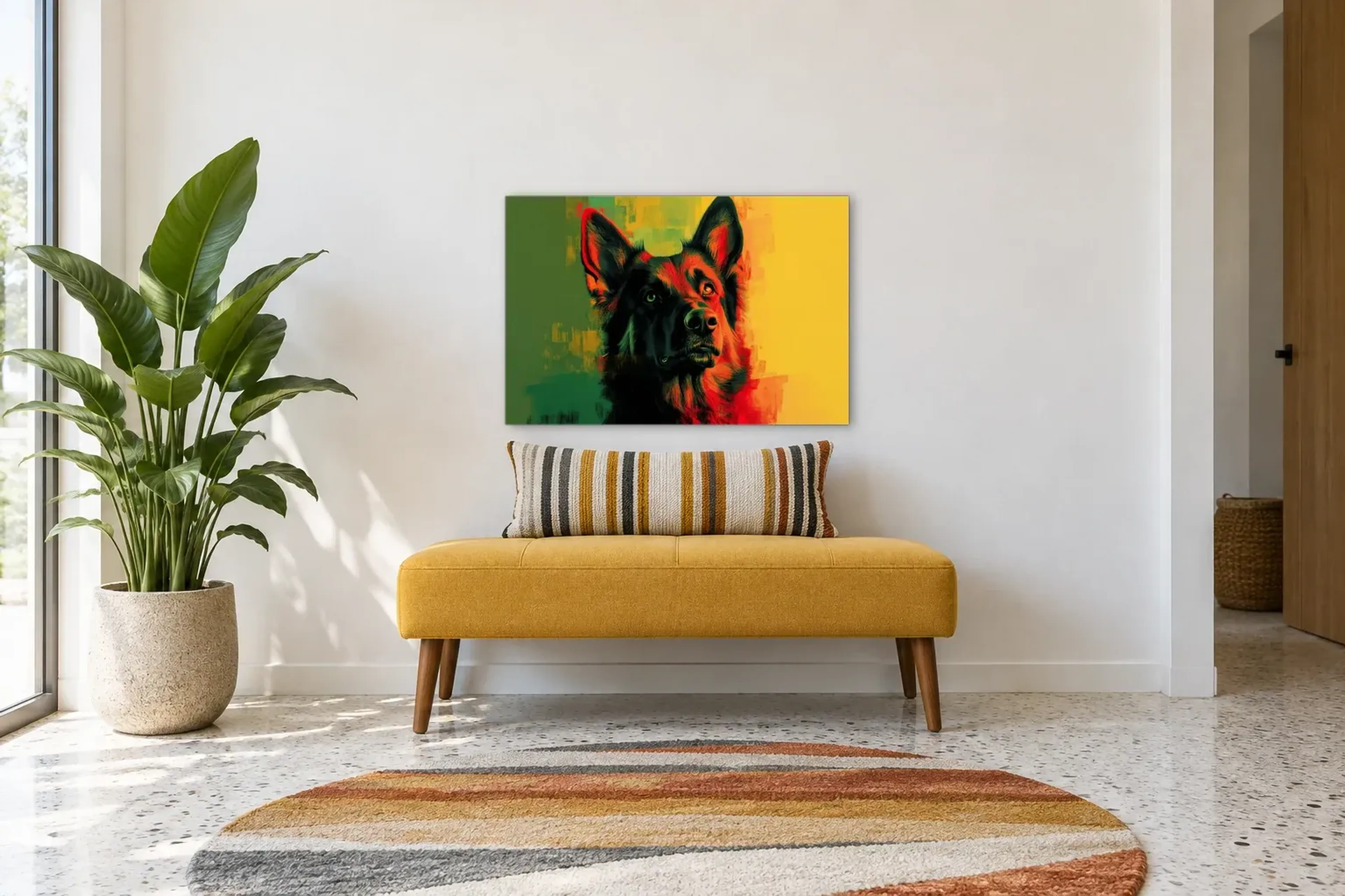 Schäferhund im Farbkontrast als Wandbild über einer 120-cm-Bank
