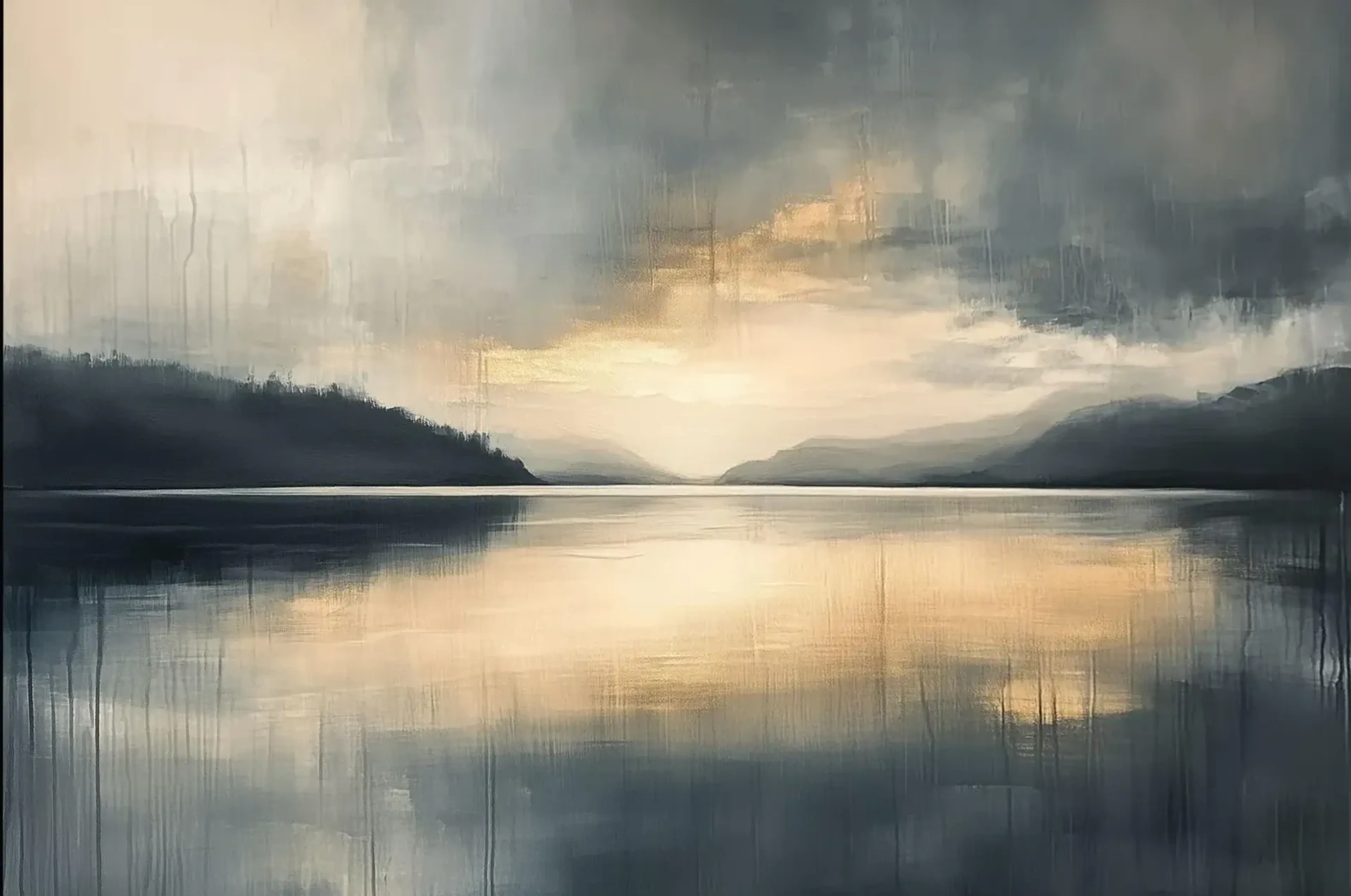 Goldenes Abendlicht spiegelt sich auf einem stillen See zwischen dunklen Bergen unter einem graublauen Himmel.