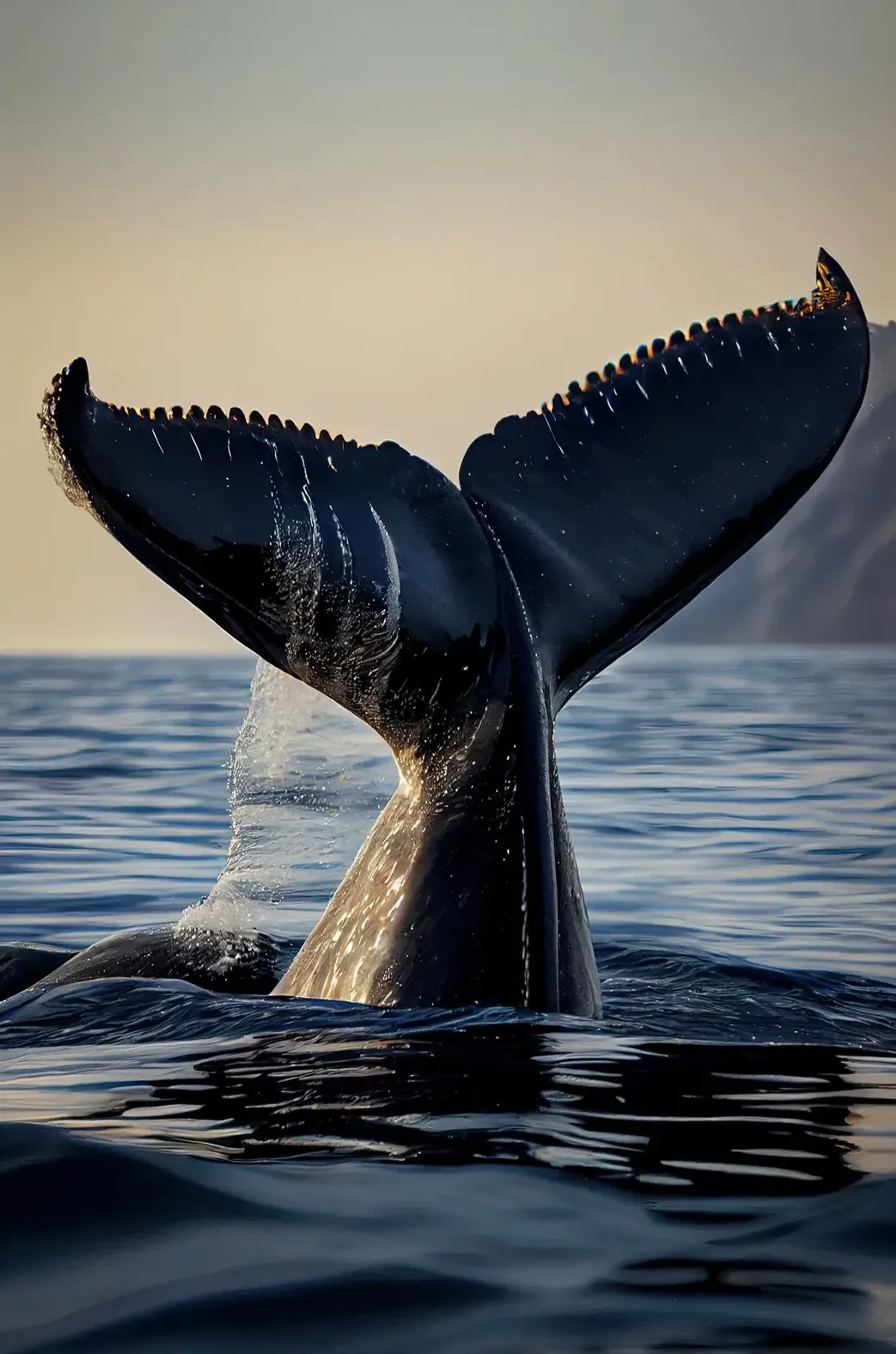 Eine dunkle Walschwanzflosse ragt aus dem Meer; Wasser fließt seitlich ab, im Hintergrund liegt eine blasse Küste.