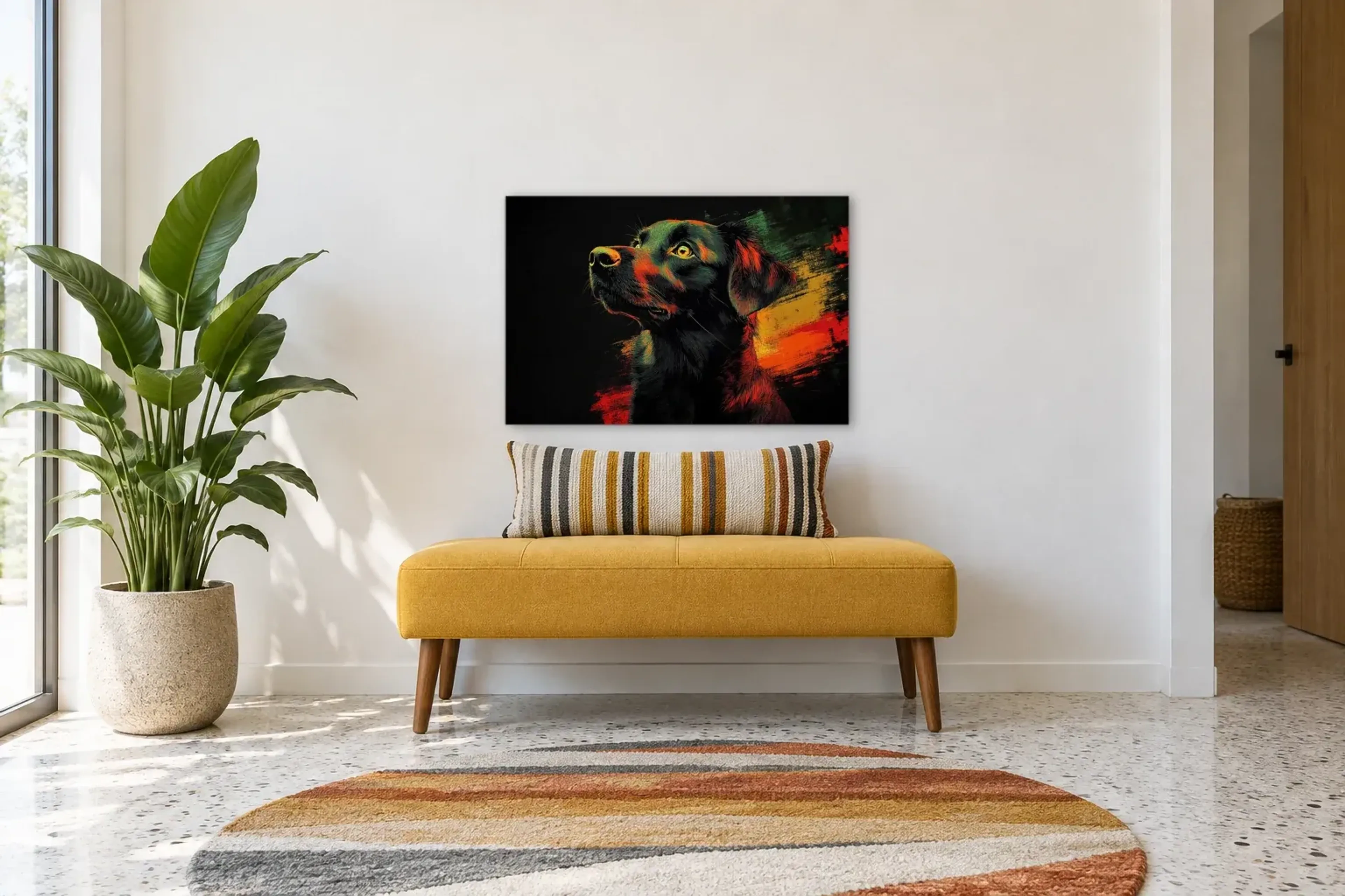 Mischling mit goldenem Auge als Wandbild über einer 120-cm-Bank