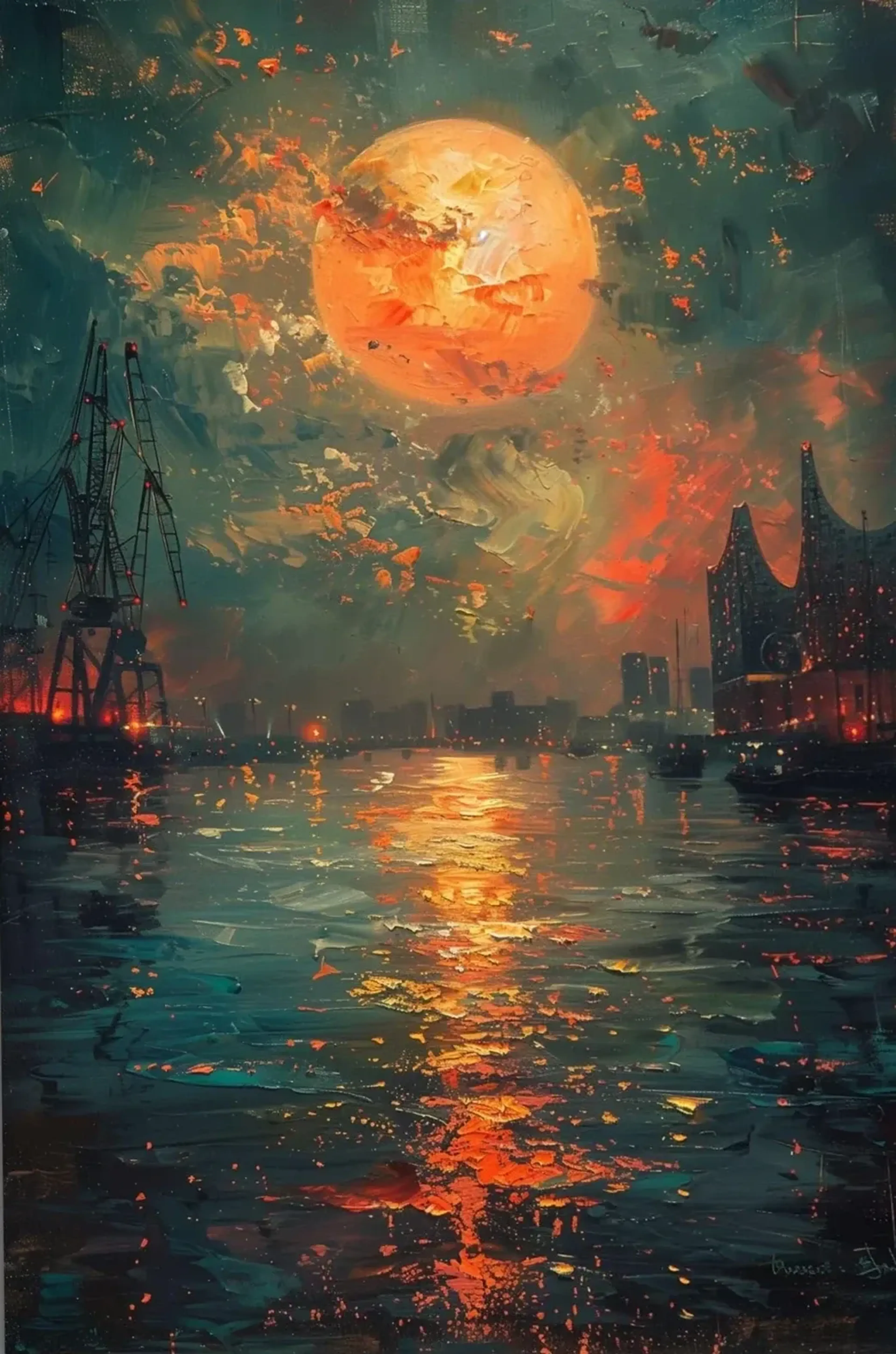 Orangefarbene Lichtscheibe über dem Hamburger Hafen mit Kränen, Elbphilharmonie und Reflexen auf dunklem Wasser.
