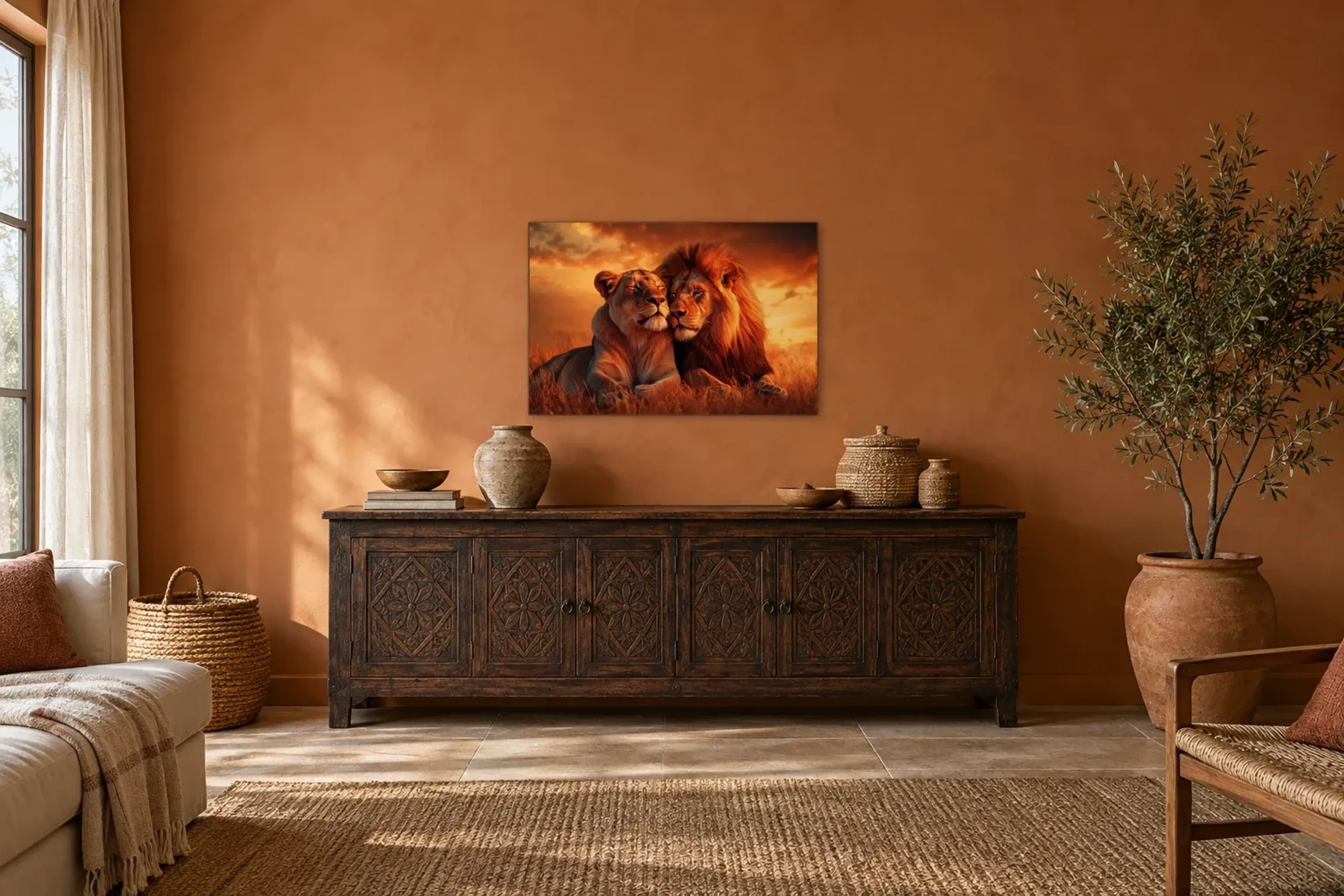 Löwenstärke als Wandbild über einem 180-cm-Sideboard