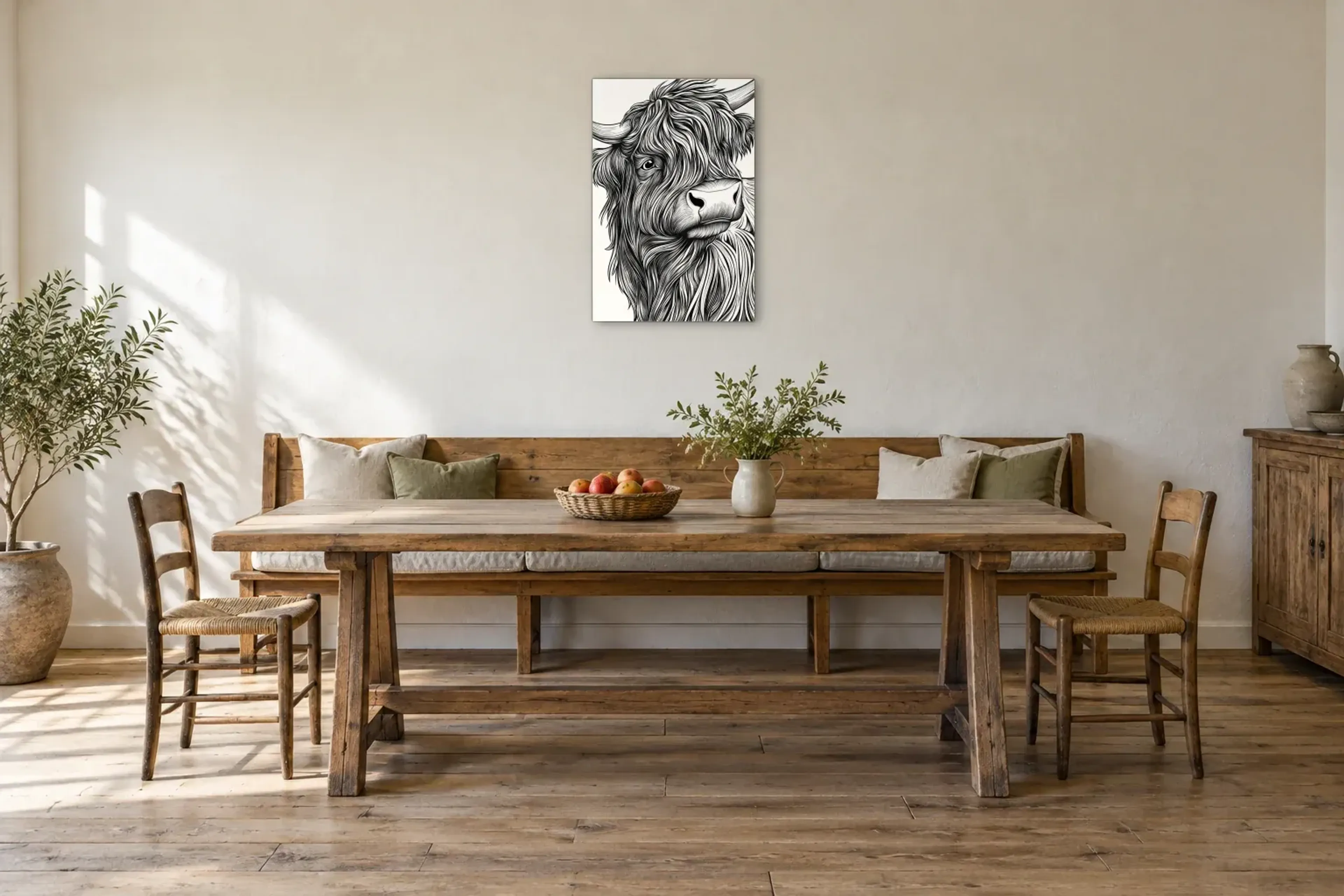 Hochlandrind in Schwarzweiß als Wandbild über einer 200-cm-Sitzbank