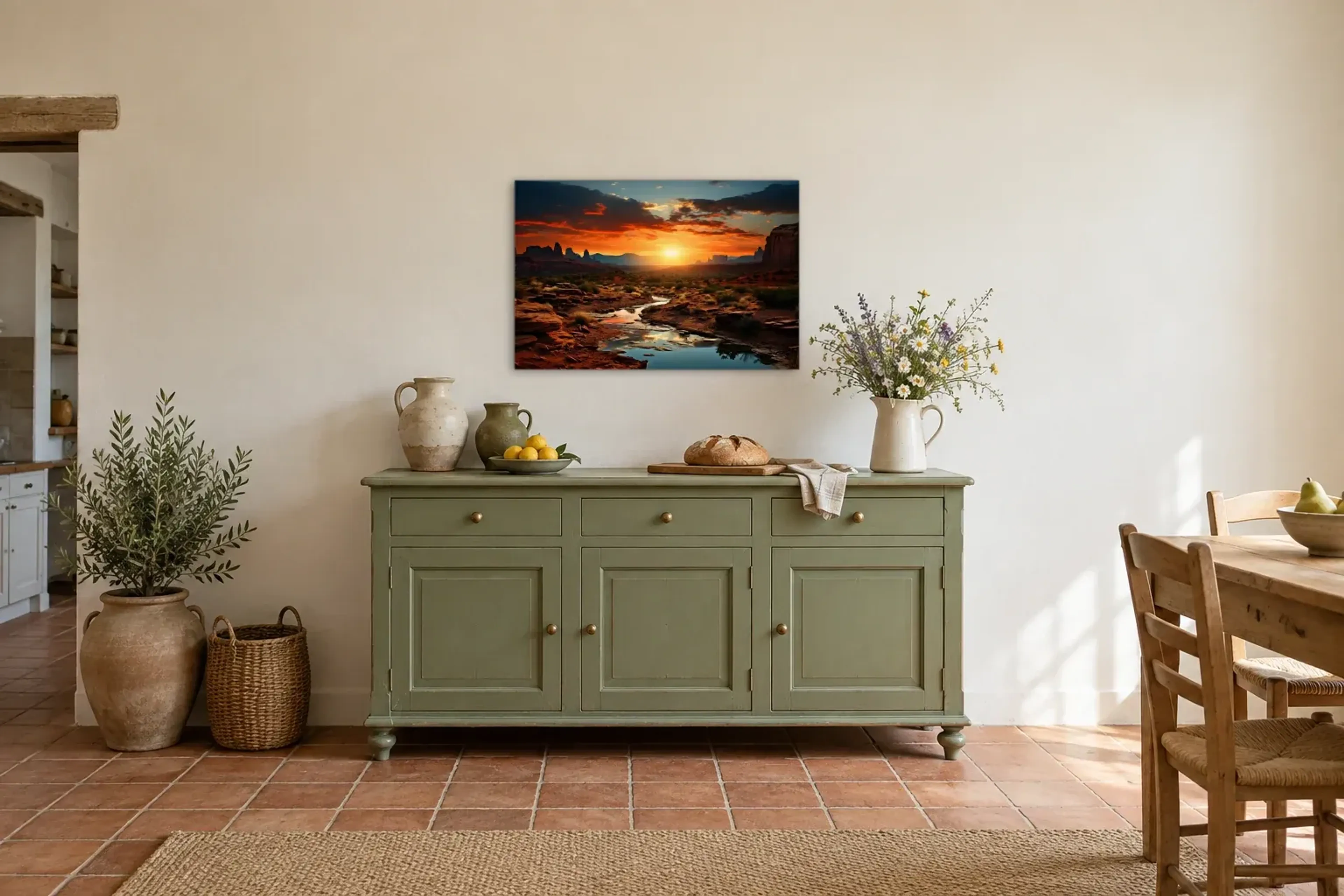 Sonnenuntergang in der Felslandschaft als Wandbild über einer 160-cm-Anrichte