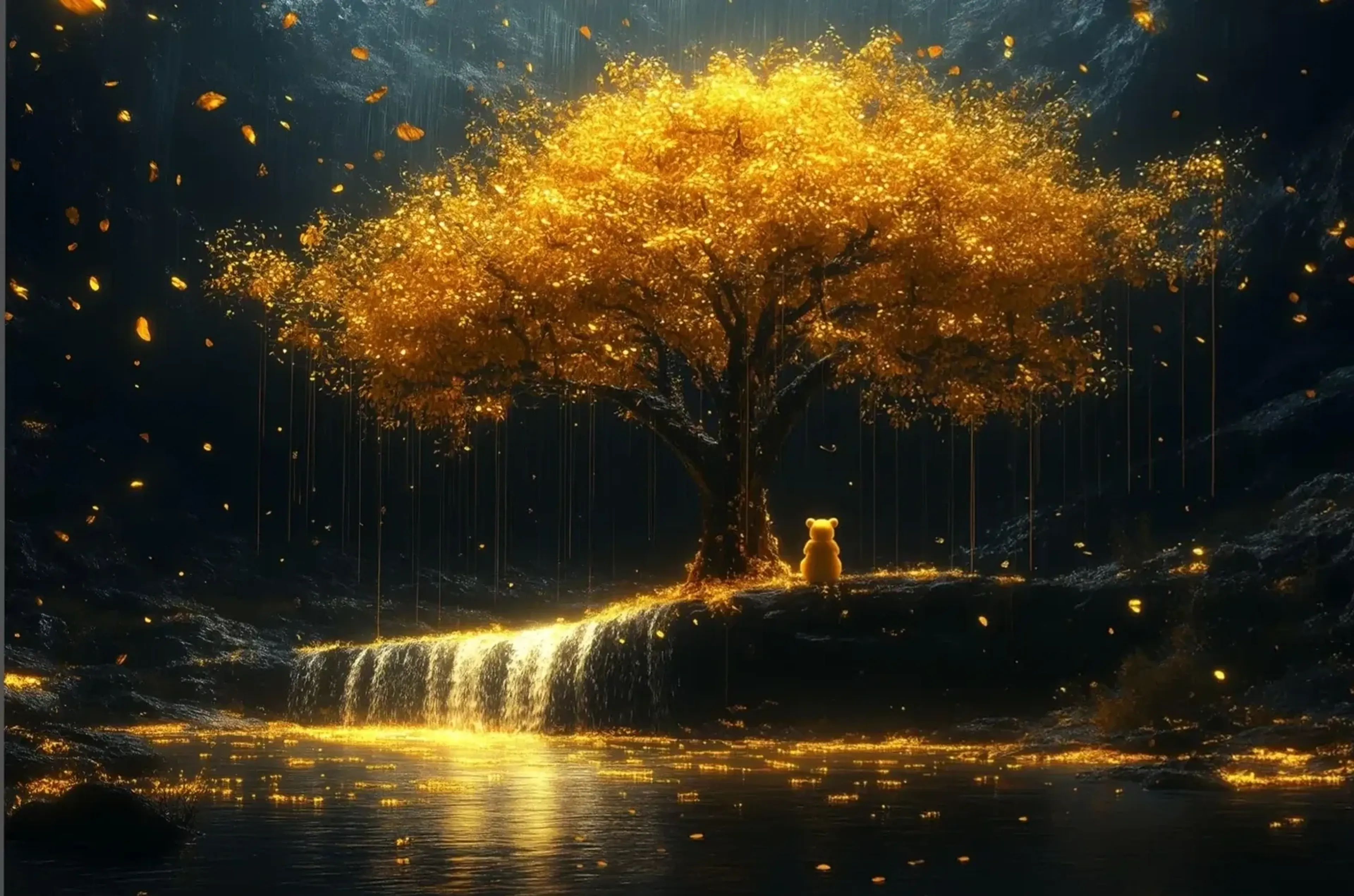 Eine kleine Bärenfigur sitzt unter einem goldenen Baum neben einem Wasserfall in dunkler Waldlandschaft.