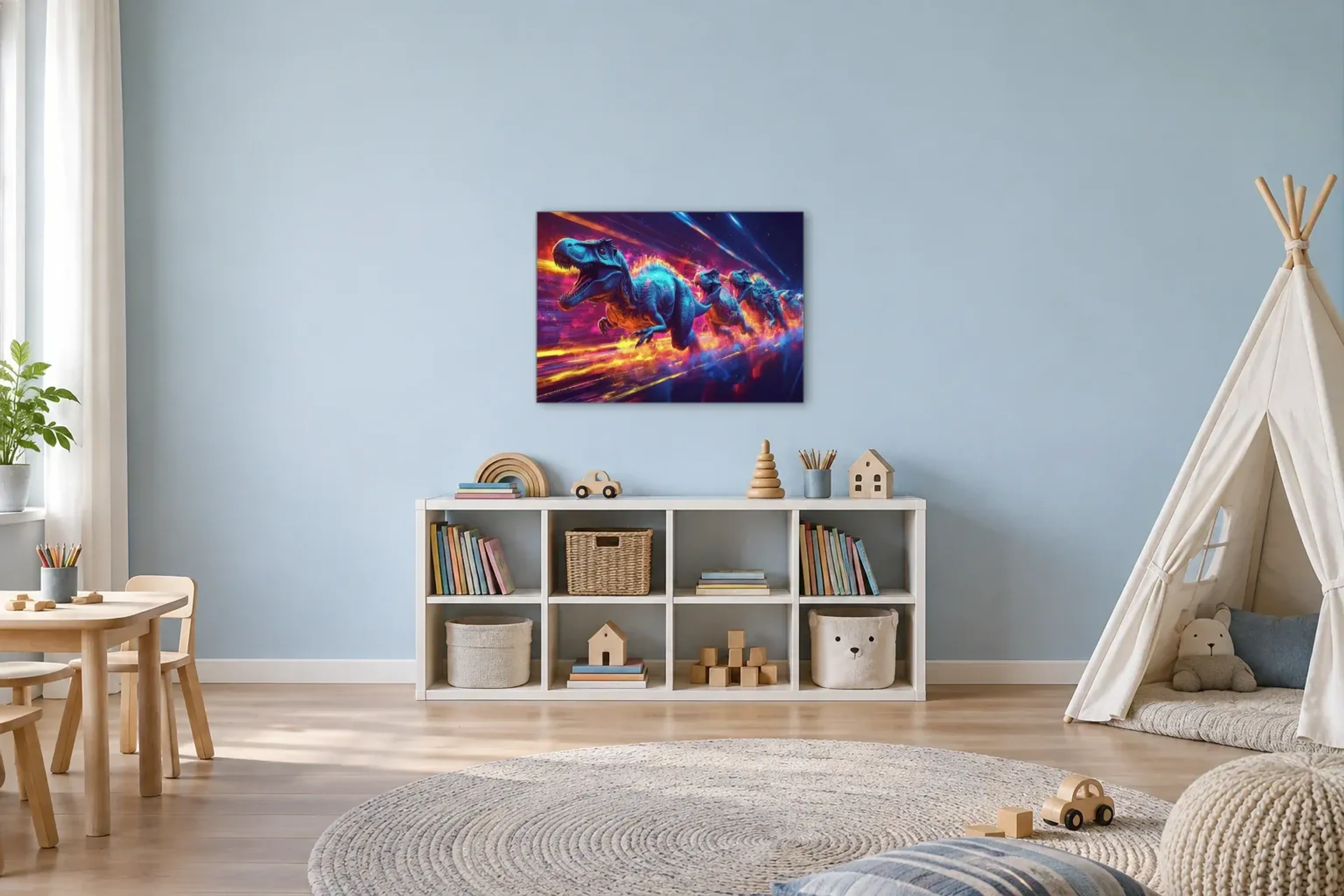 Dinos im Neonlauf als Wandbild über einem 120-cm-Spielregal