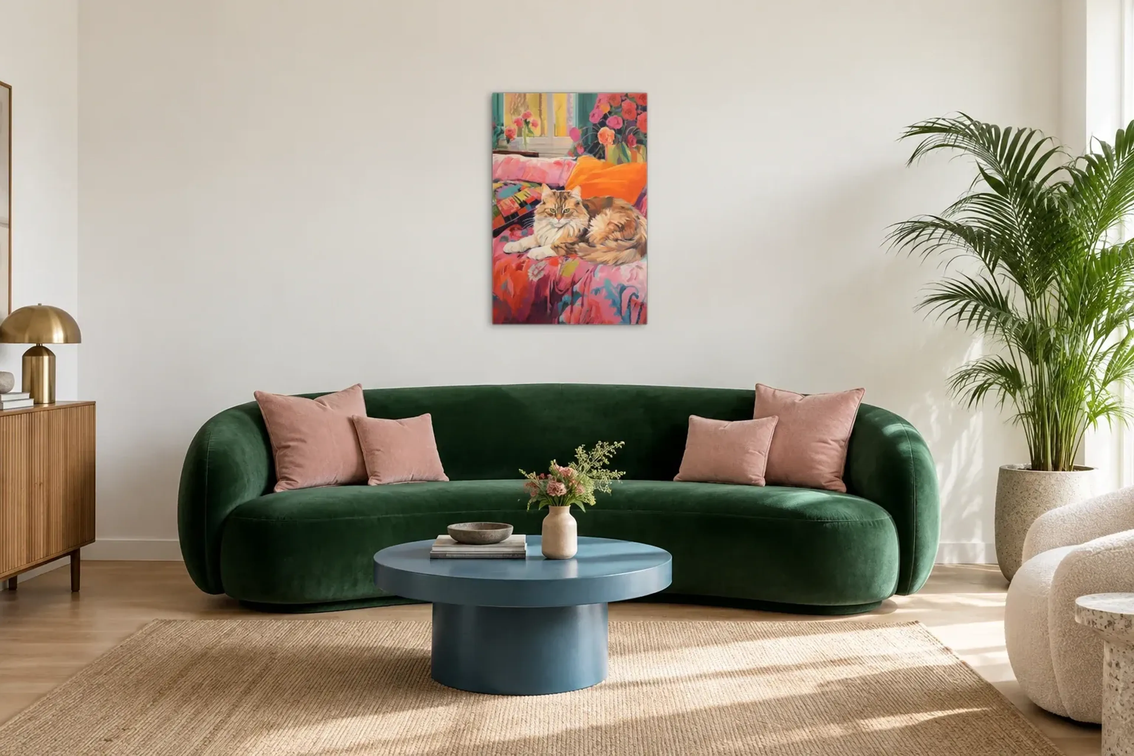 Katze auf buntem Sofa als Wandbild über einem 220-cm-Sofa