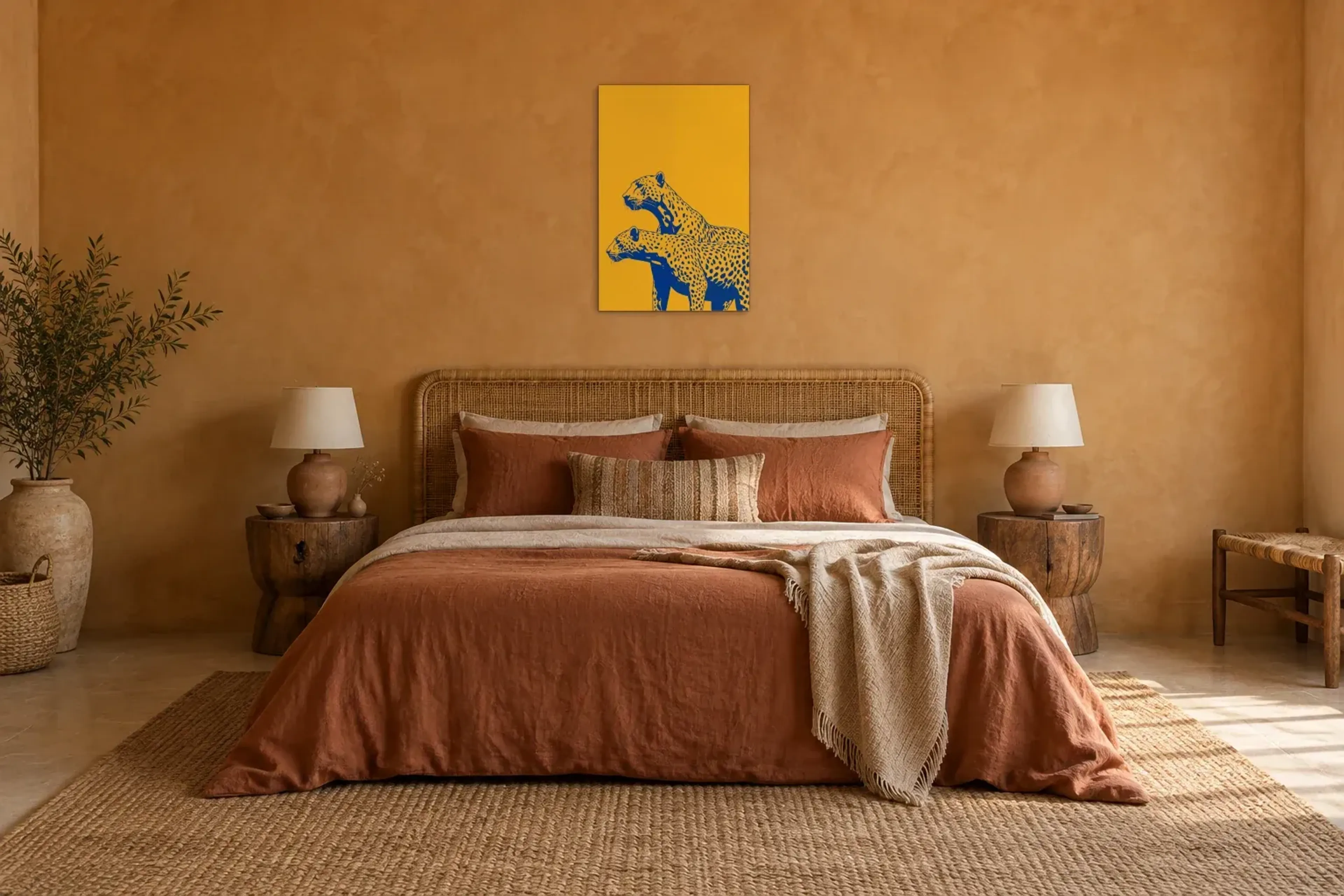 Geparden auf Gelb als Wandbild über einem 180-cm-Bett