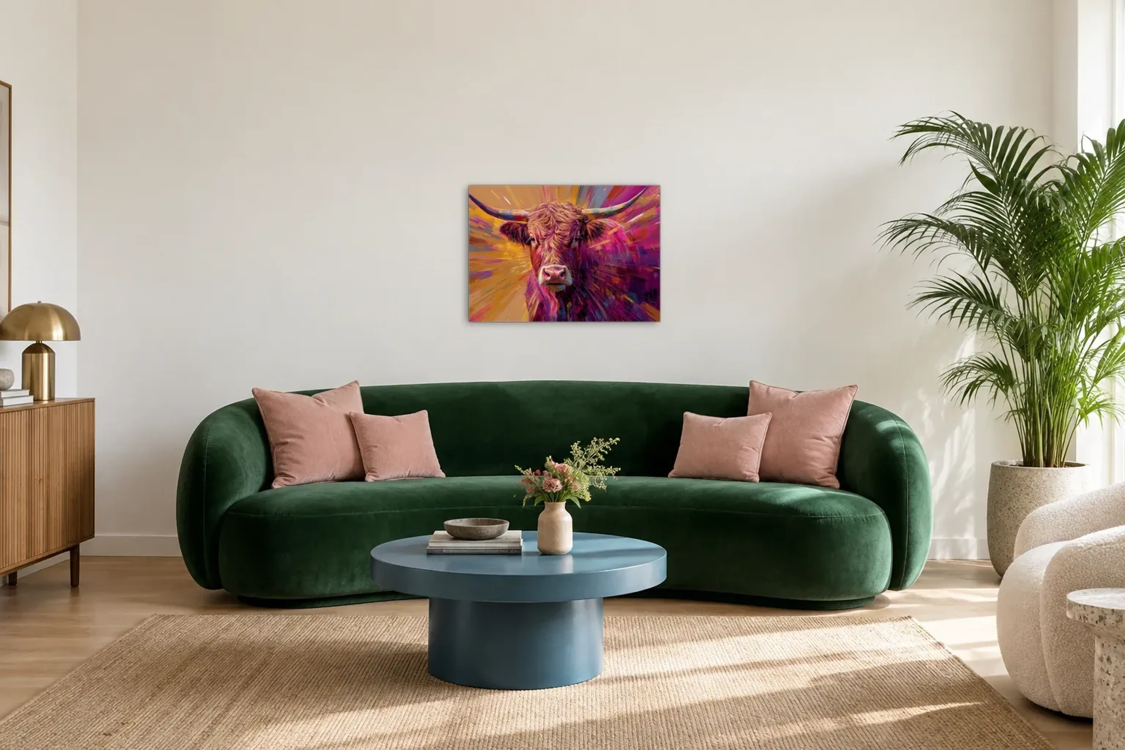 Hochlandrind im Farbenstrahl als Wandbild über einem 220-cm-Sofa