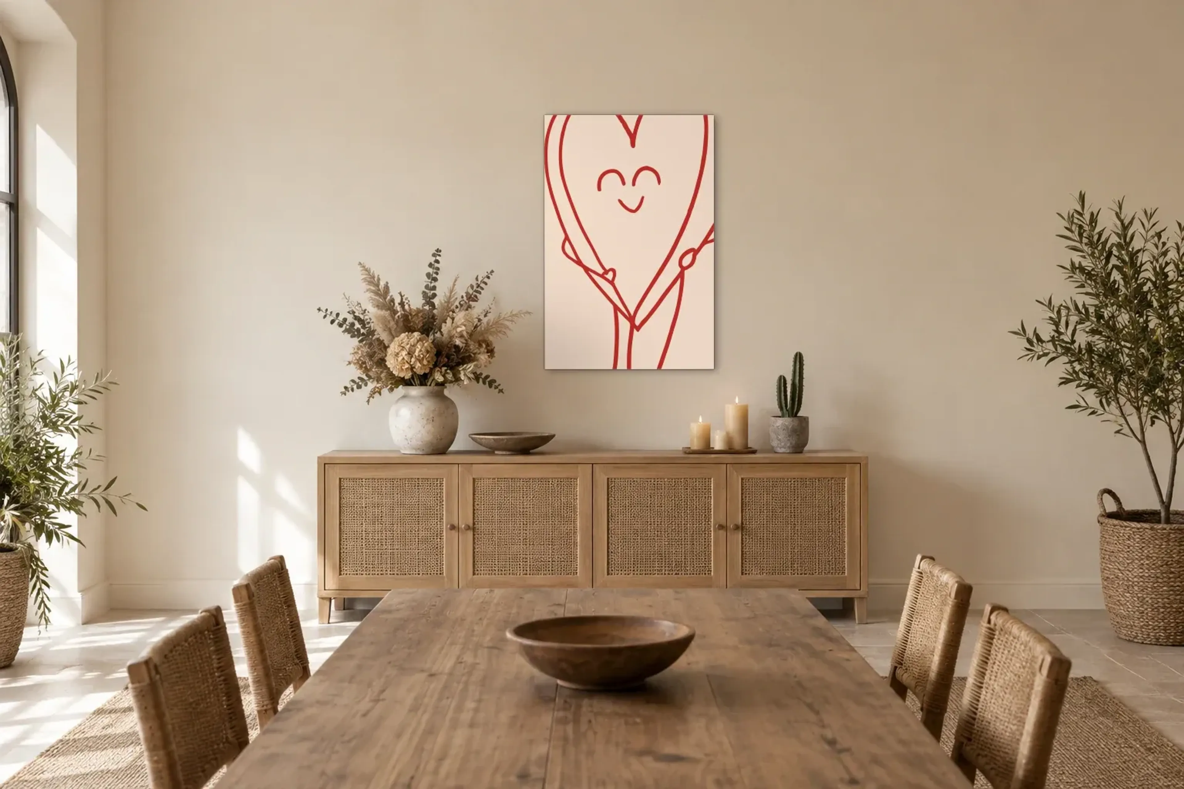 Herz in Umarmung als Wandbild über einem 160-cm-Sideboard