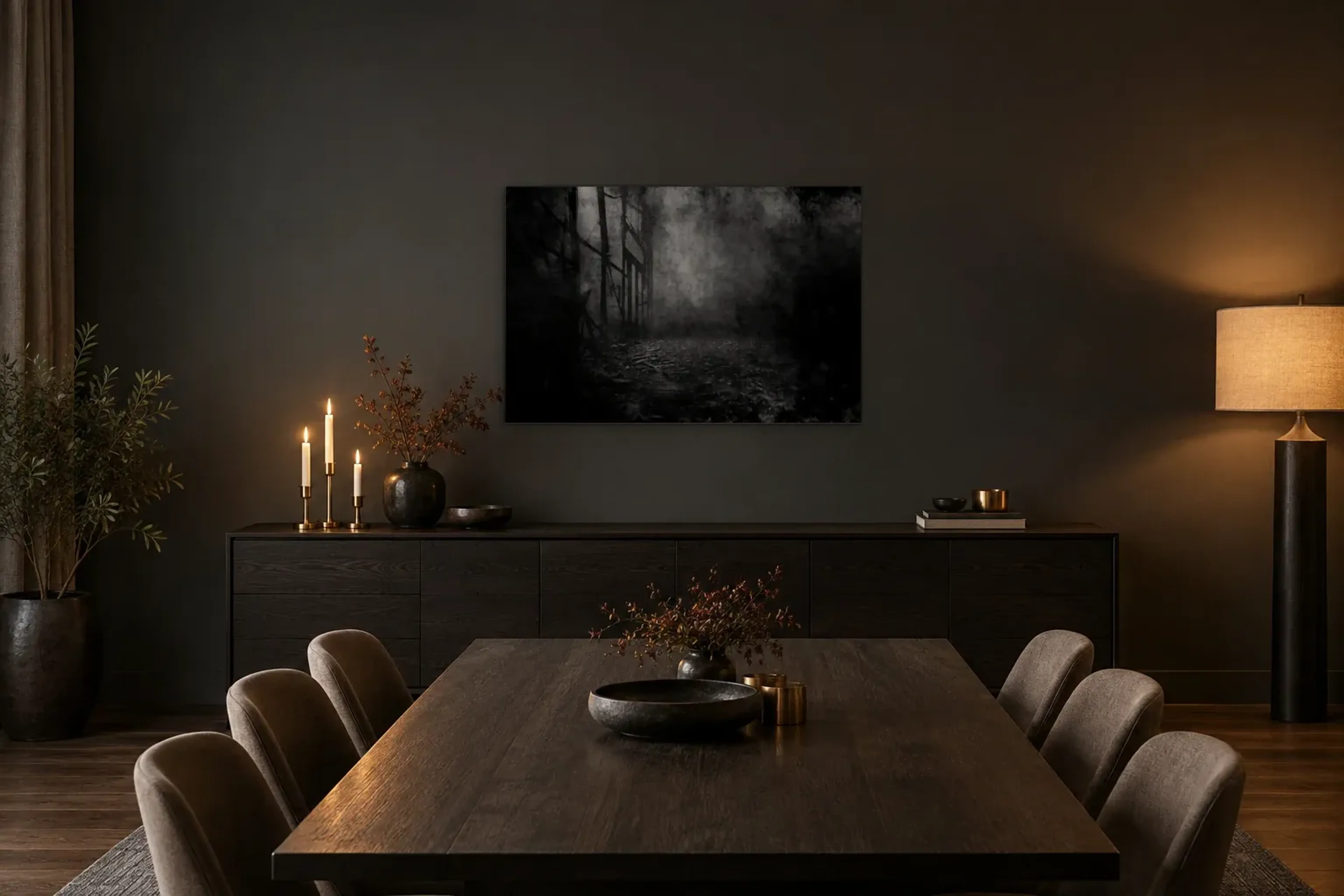 Verfall im Nebel als Wandbild über einem 180-cm-Sideboard