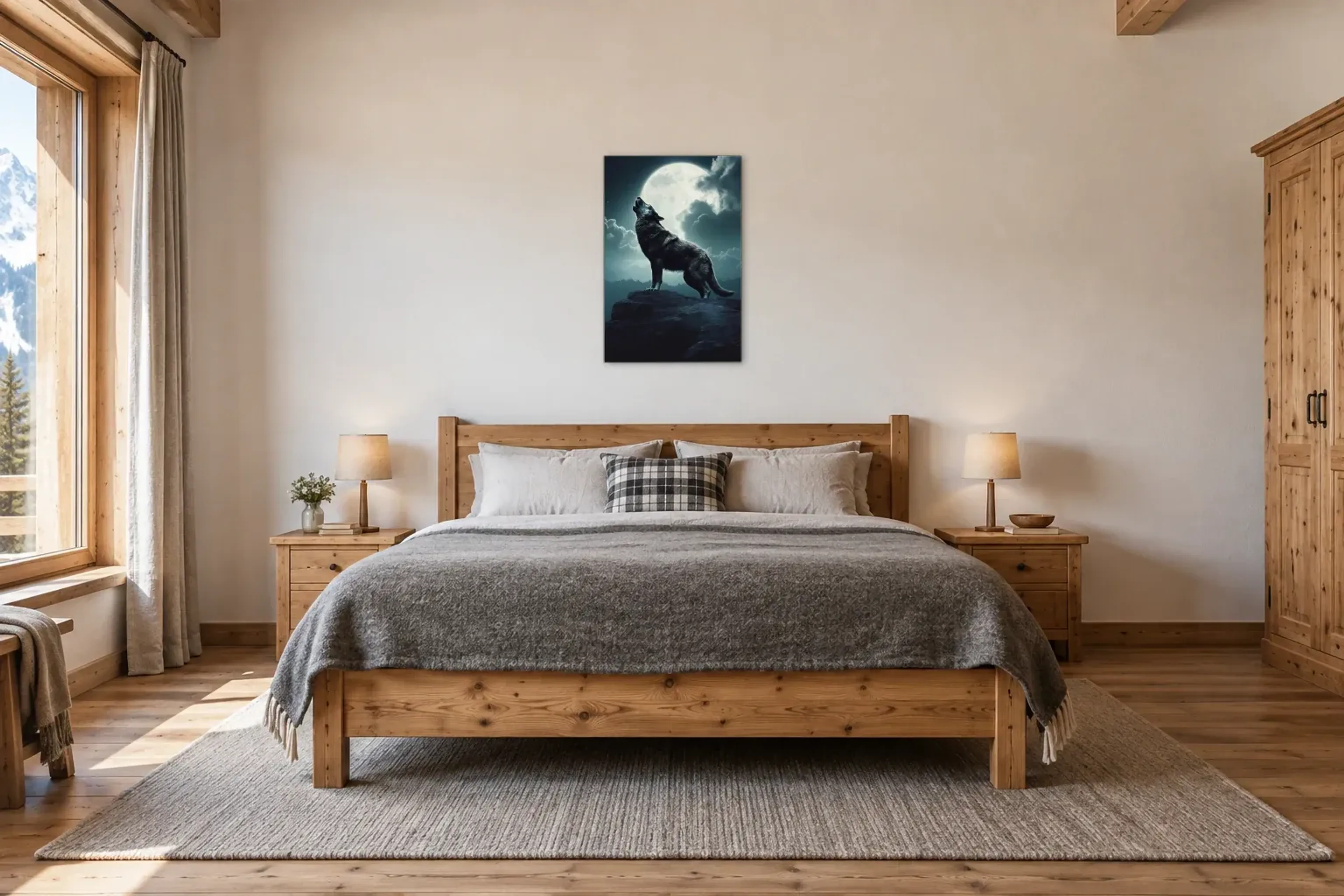 Wolf im Mondlicht als Wandbild über einem 180-cm-Bett