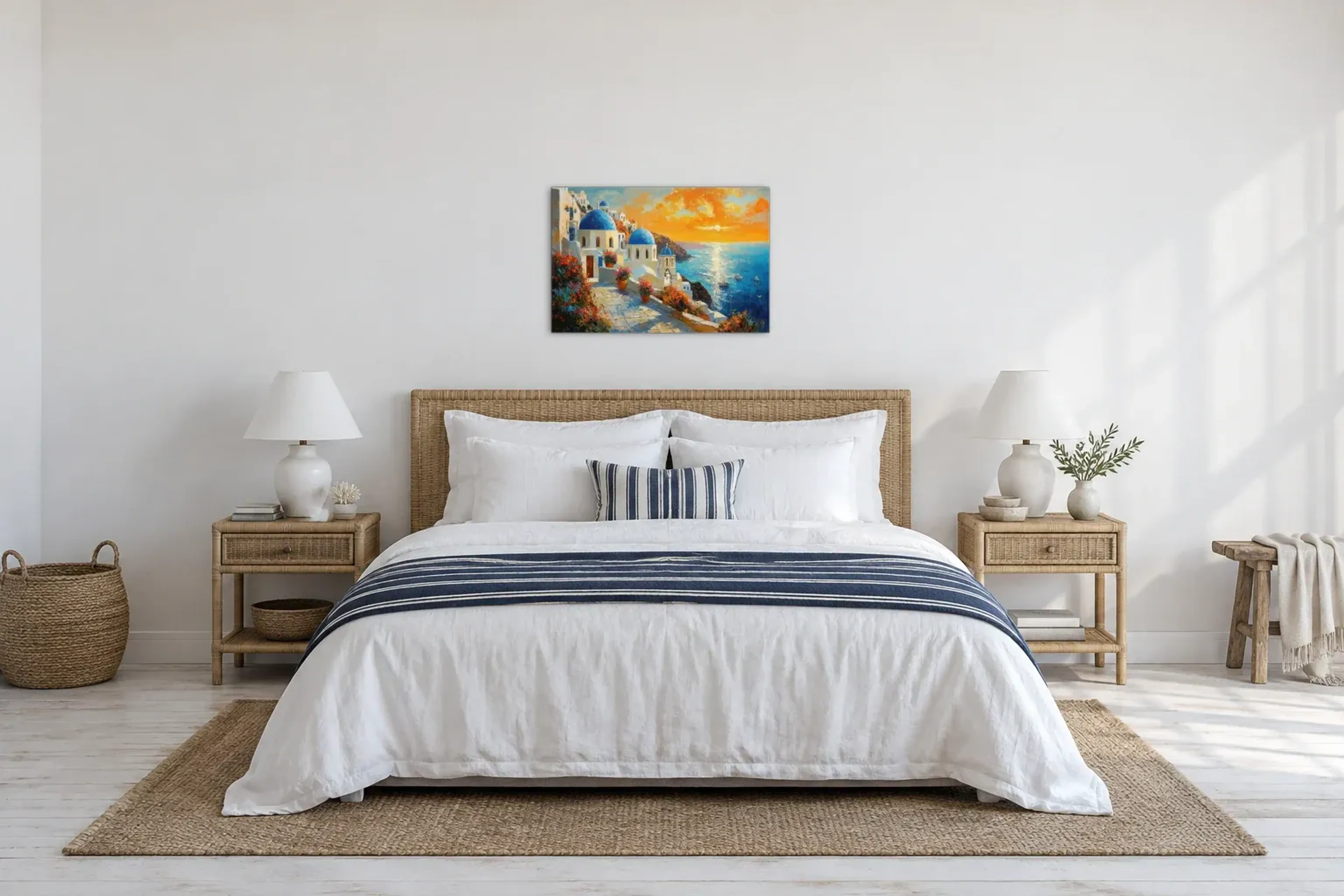 Küstenabend mit blauen Kuppeln als Wandbild über einem 180-cm-Bett
