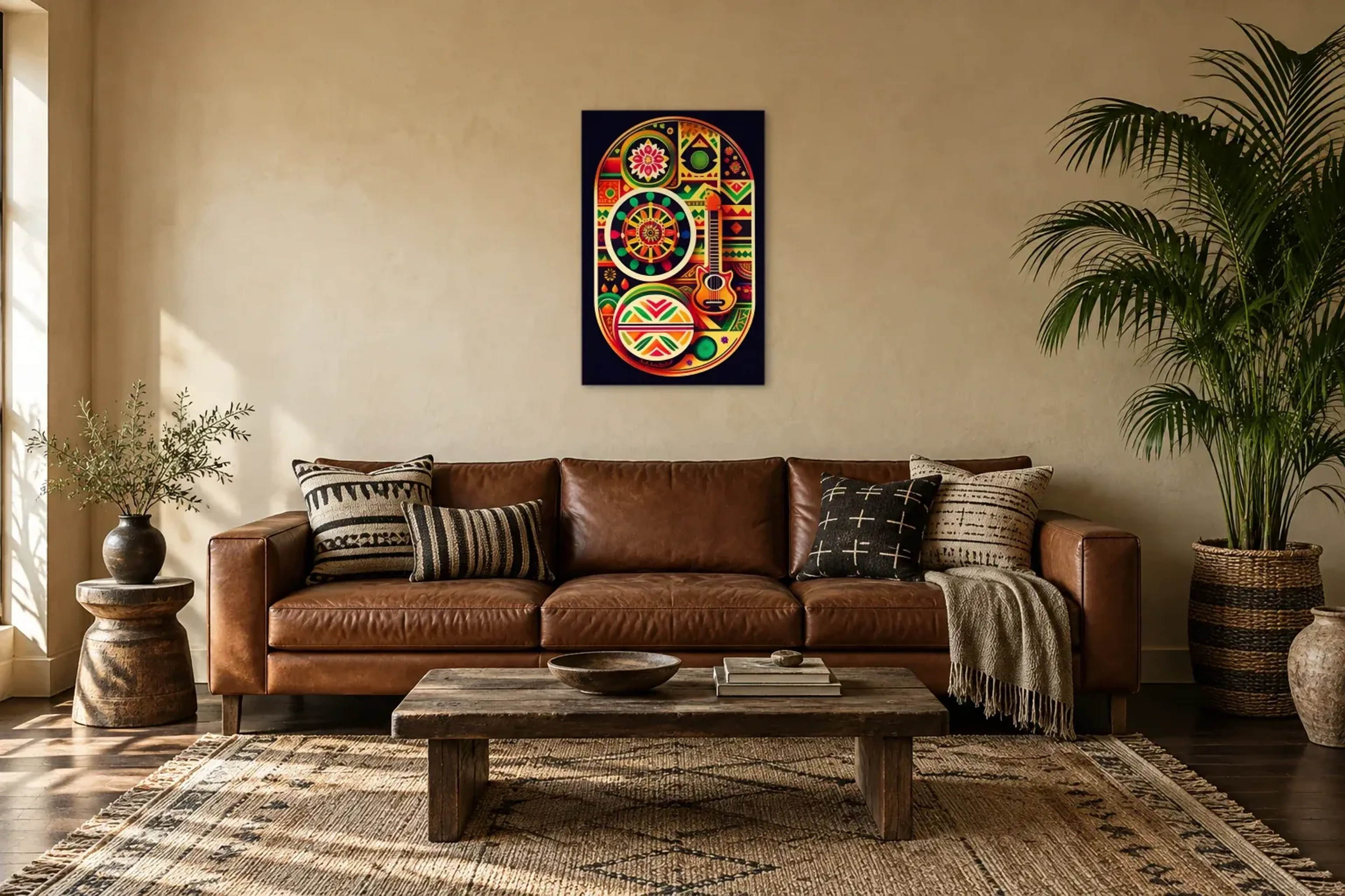 Gitarre im Farbenkreis als Wandbild über einem 220-cm-Sofa