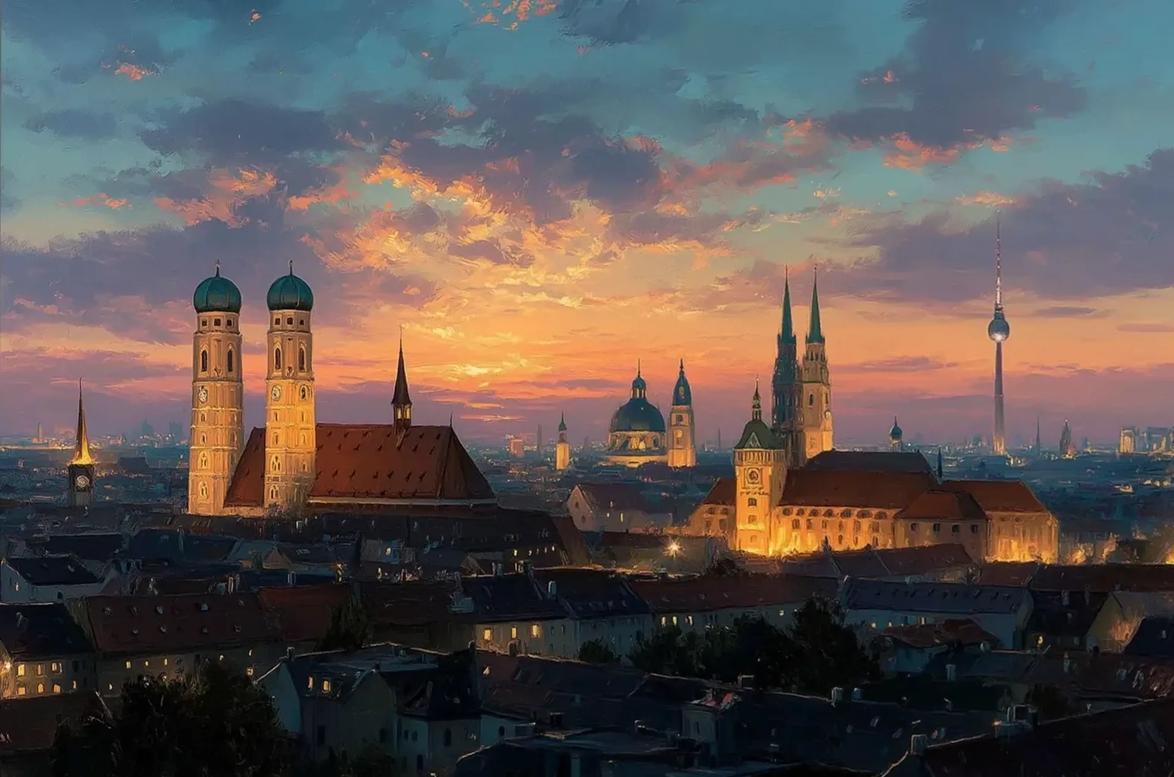Münchner Stadtansicht mit Frauenkirche und beleuchteten Bauten unter einem goldenen, violetten und petrolfarbenen Himmel.