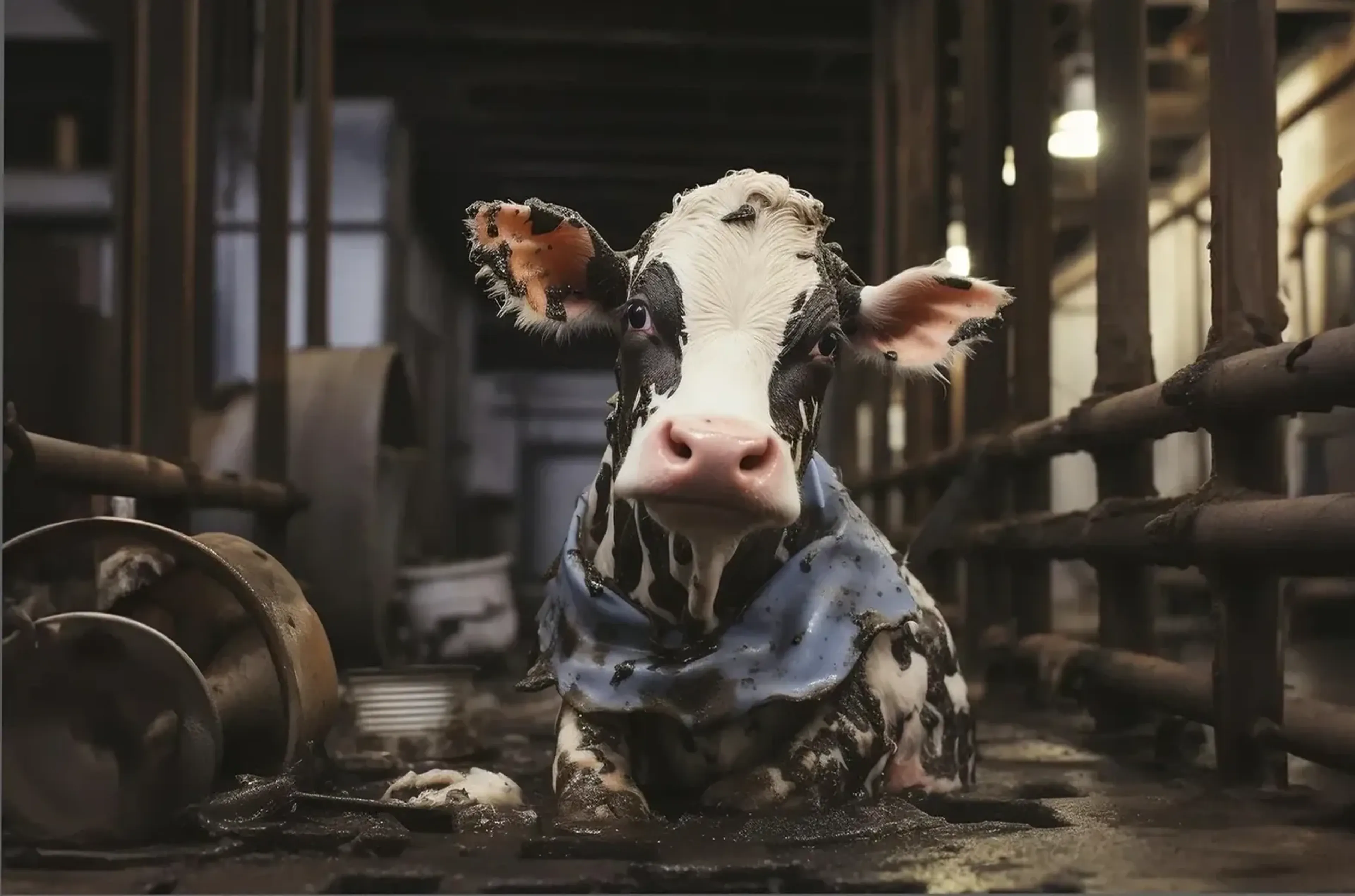 Ein geflecktes Kalb mit blaugrauem Tuch liegt neben einem umgekippten Eimer auf einem dunklen Stallboden.