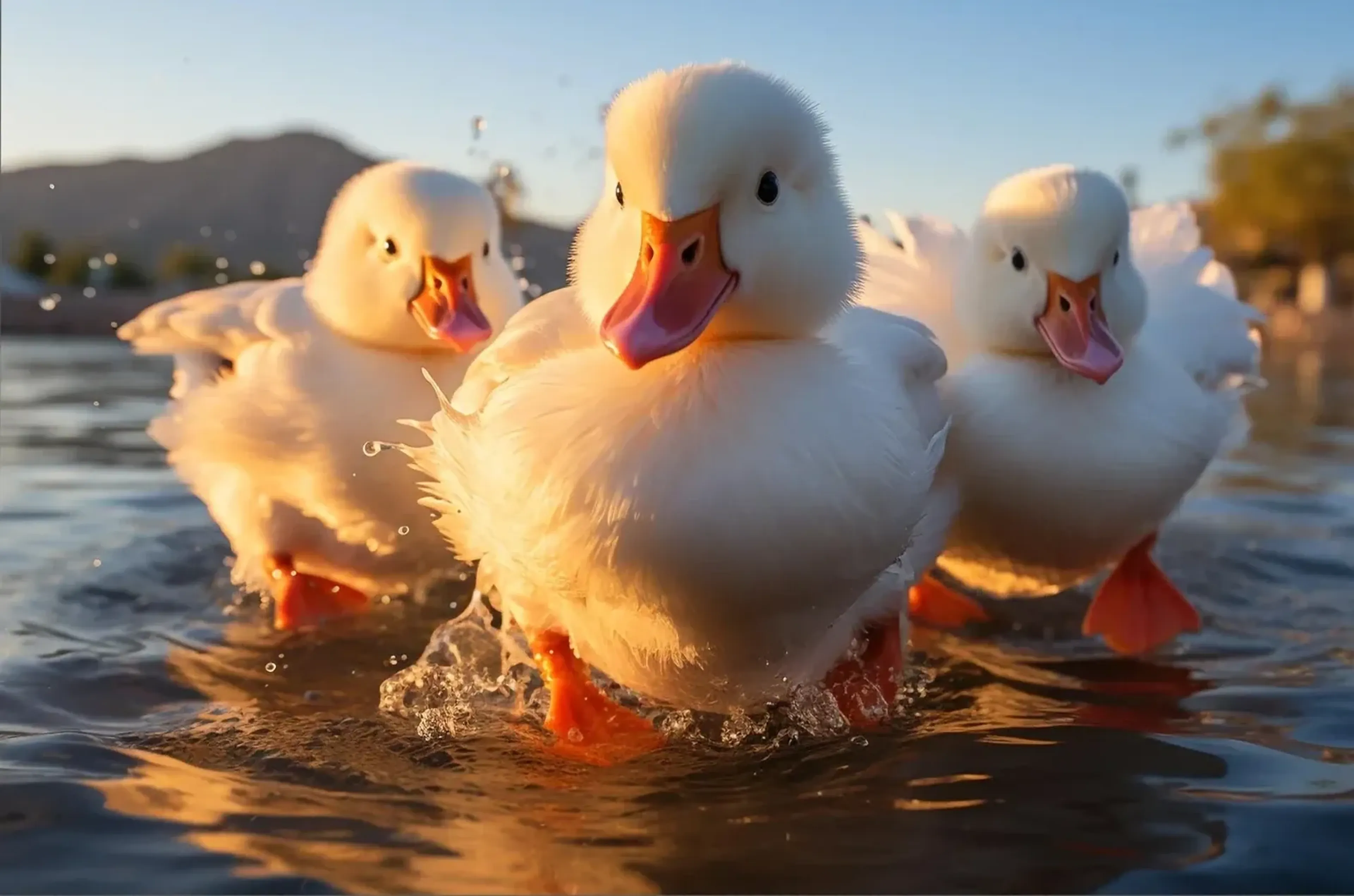 Drei weiße Entenküken mit orangefarbenen Schnäbeln und Füßen laufen im warmen Licht durch flaches Wasser.